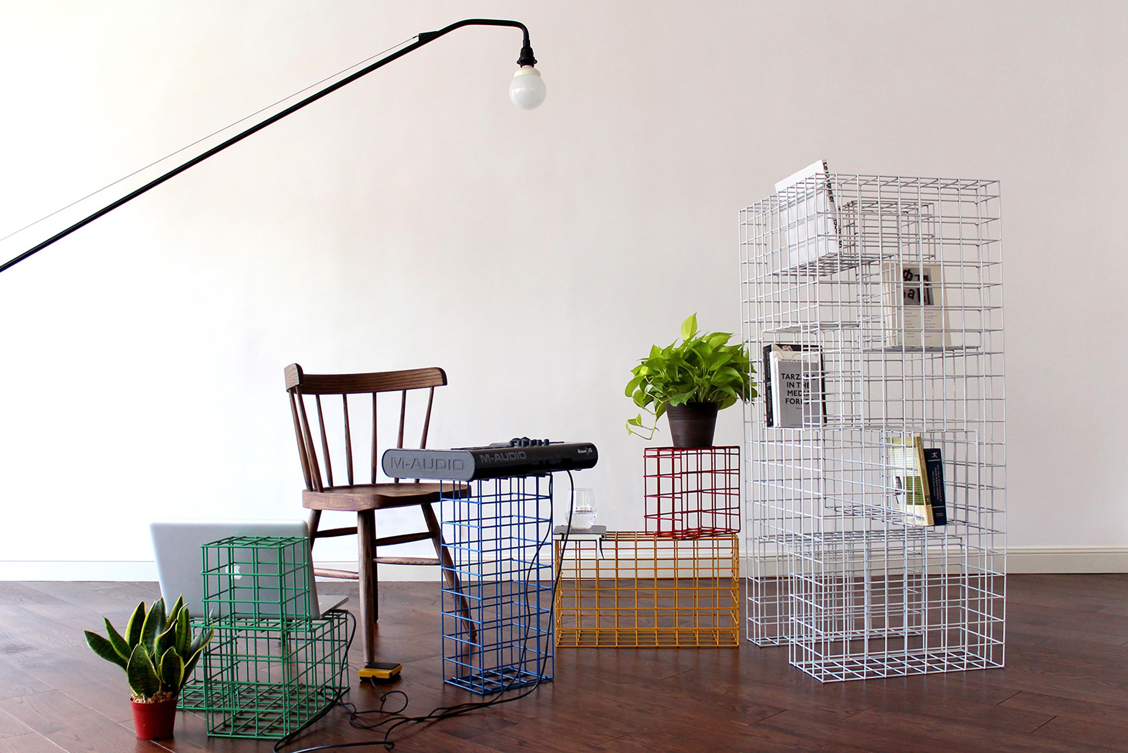 wire mesh furniture in a living room space