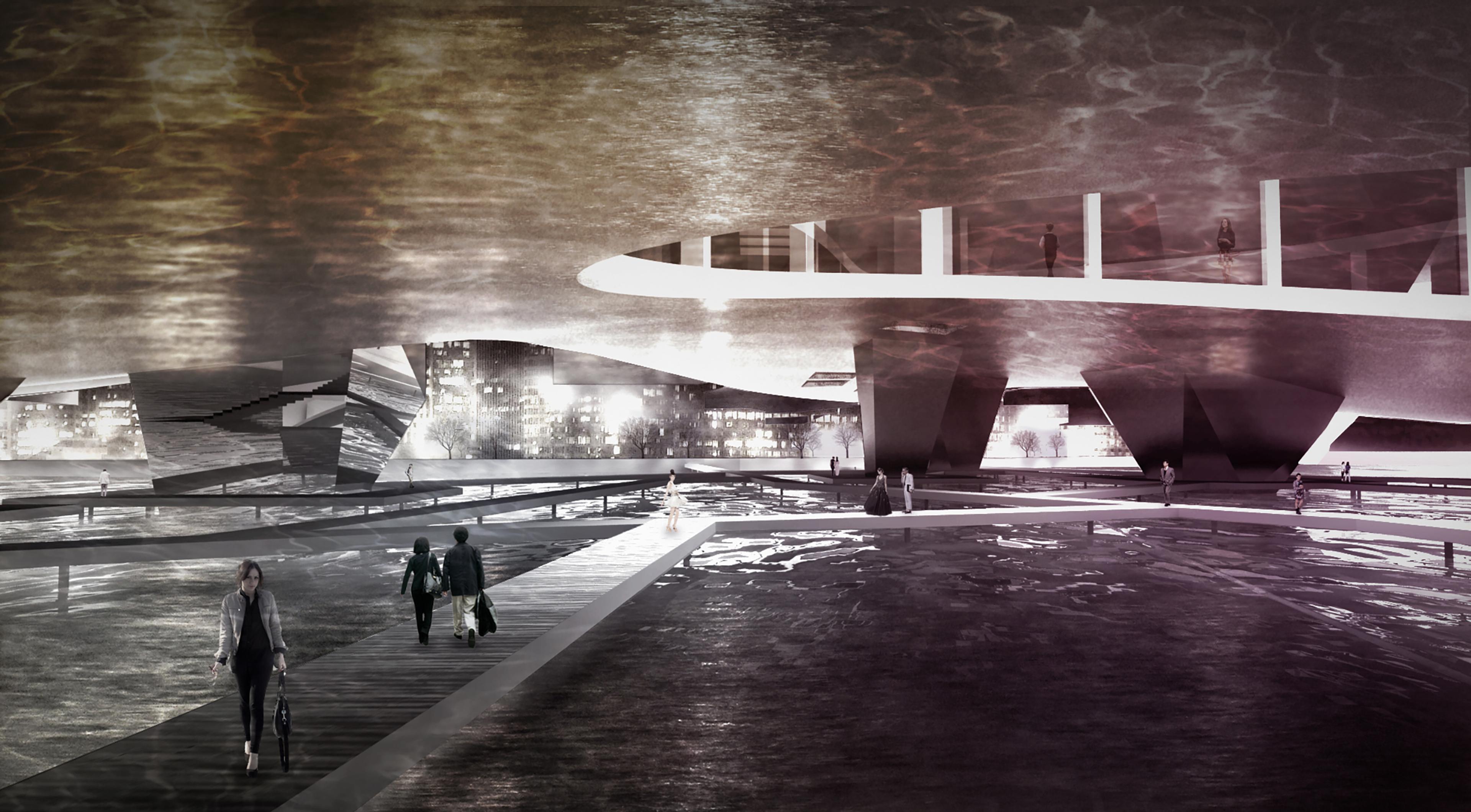 Architectural rendering of inside opera house building with water feature and people walking