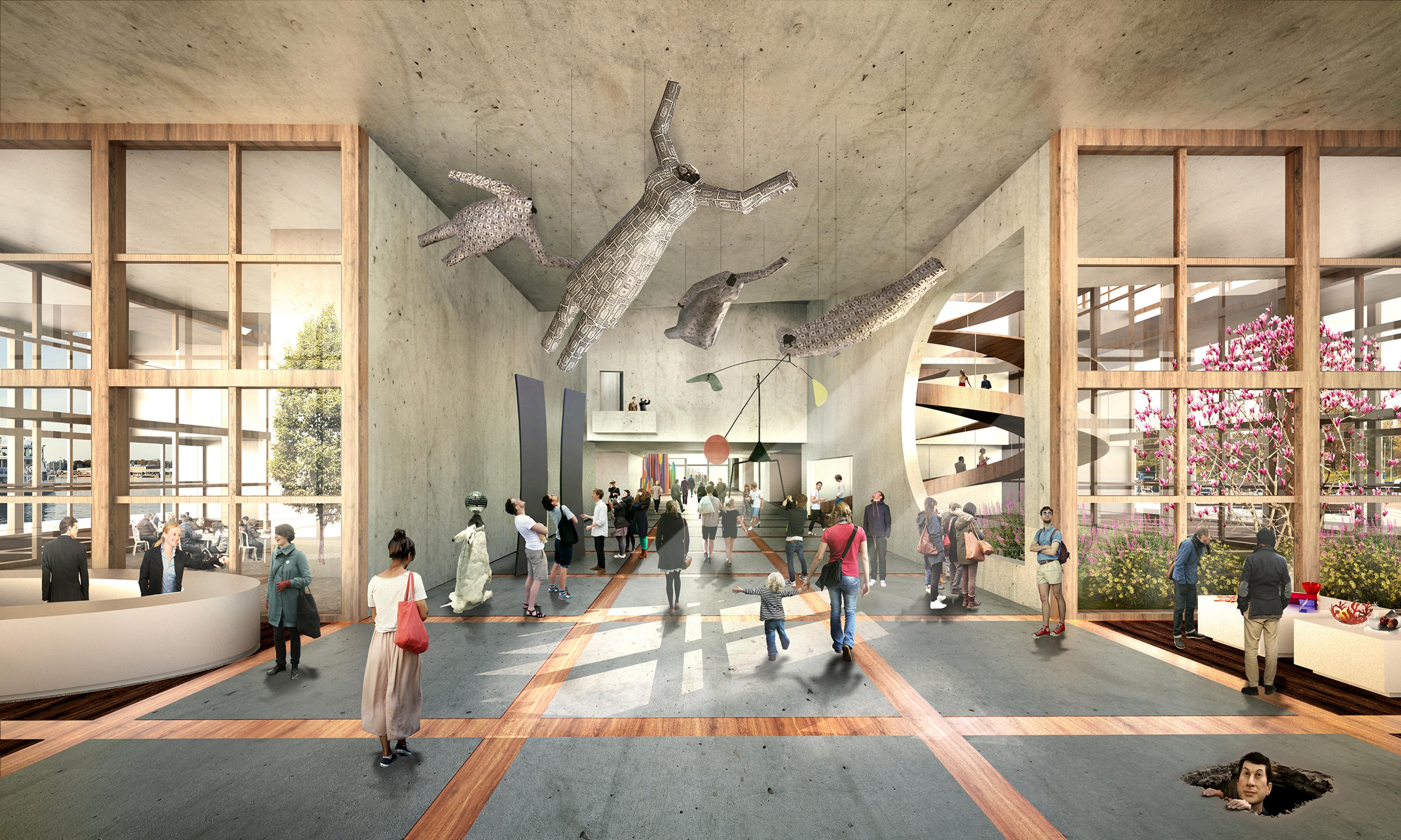 Architectural rendering of a museum structure inside with people and art