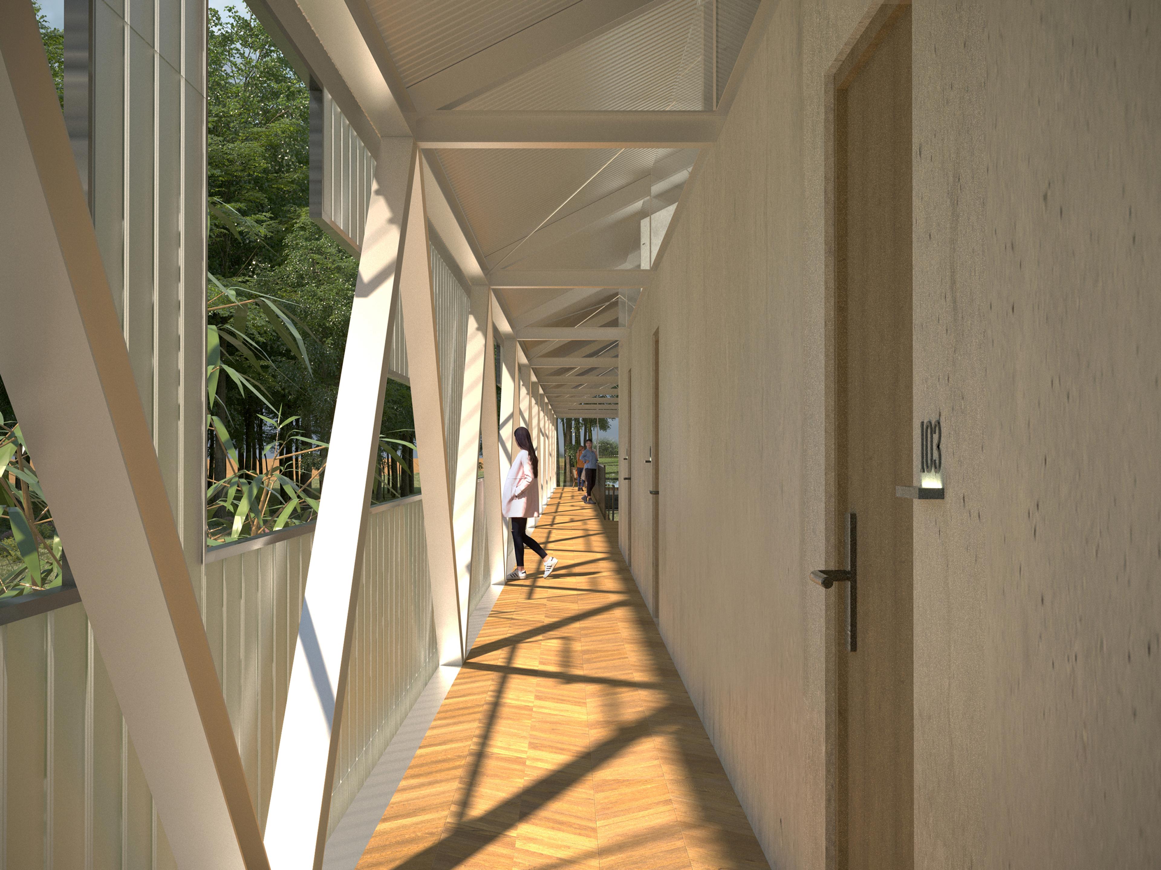 architectural rendering of interior of modern structure hallway in sunlight