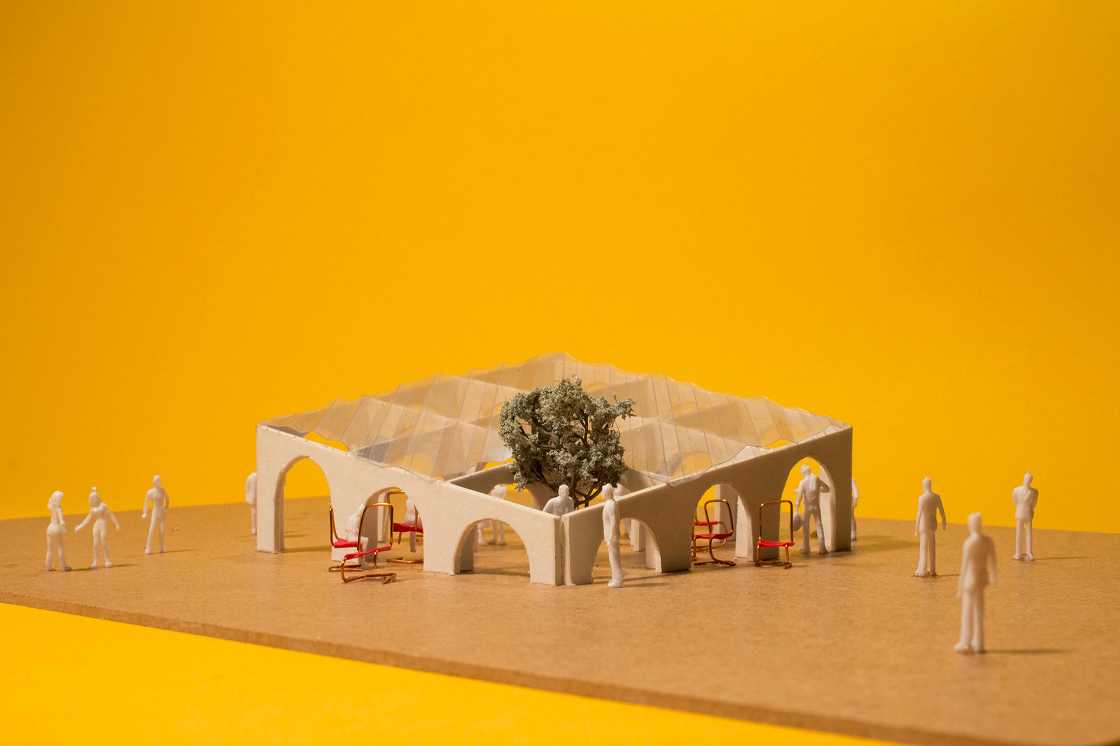 Architectural model of pavilion with chairs and people with a yellow background far view