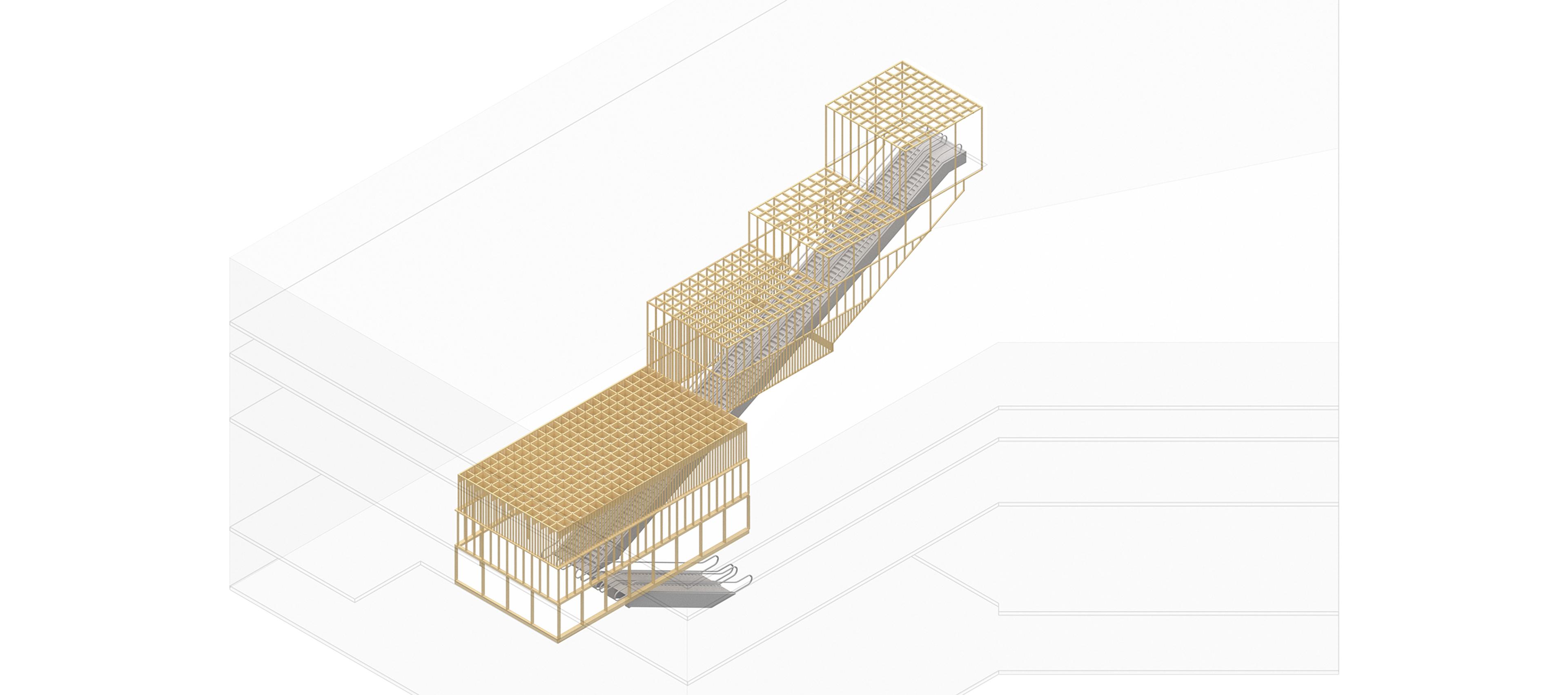 axonometric render of a long escalator