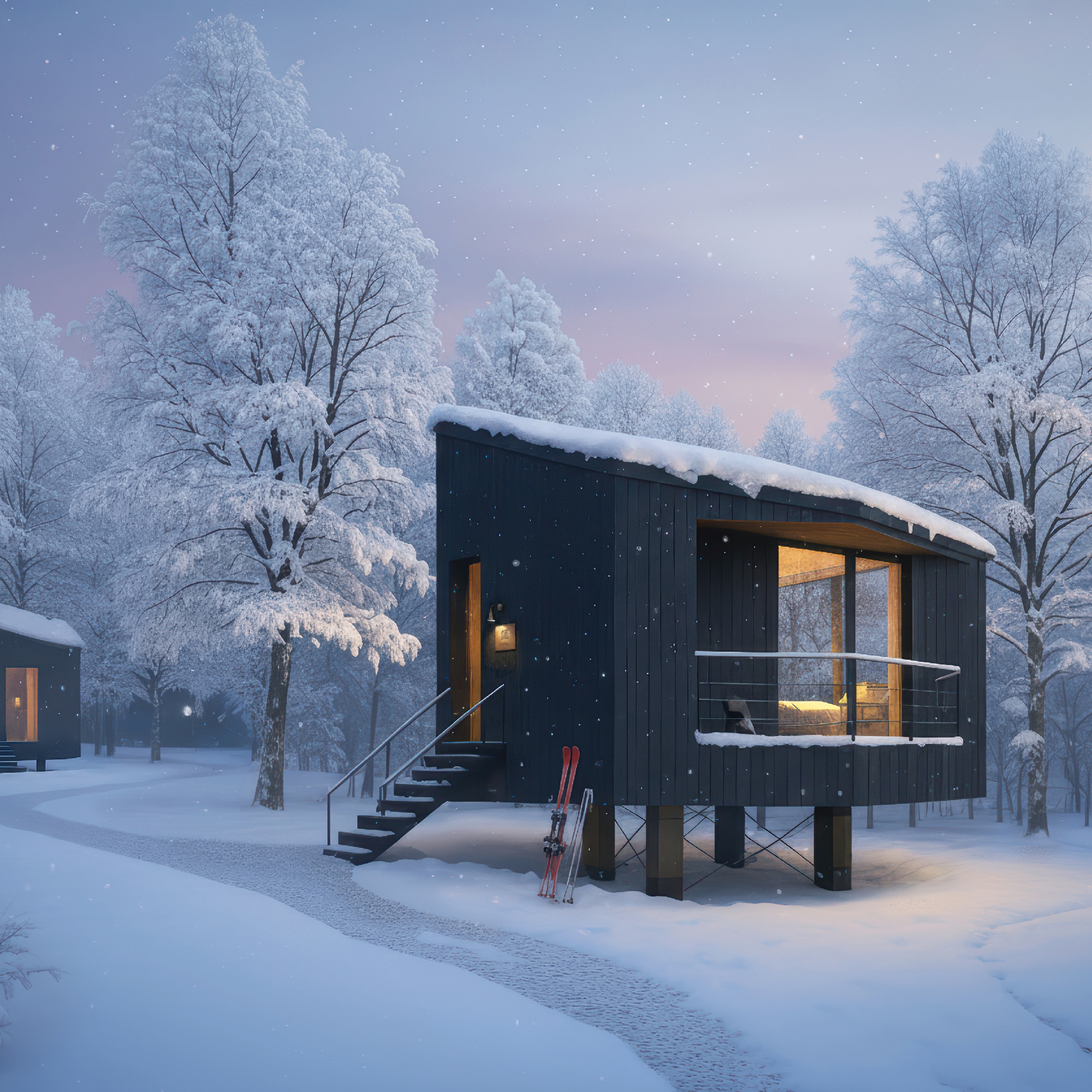 Timber cabin in snowy landscape