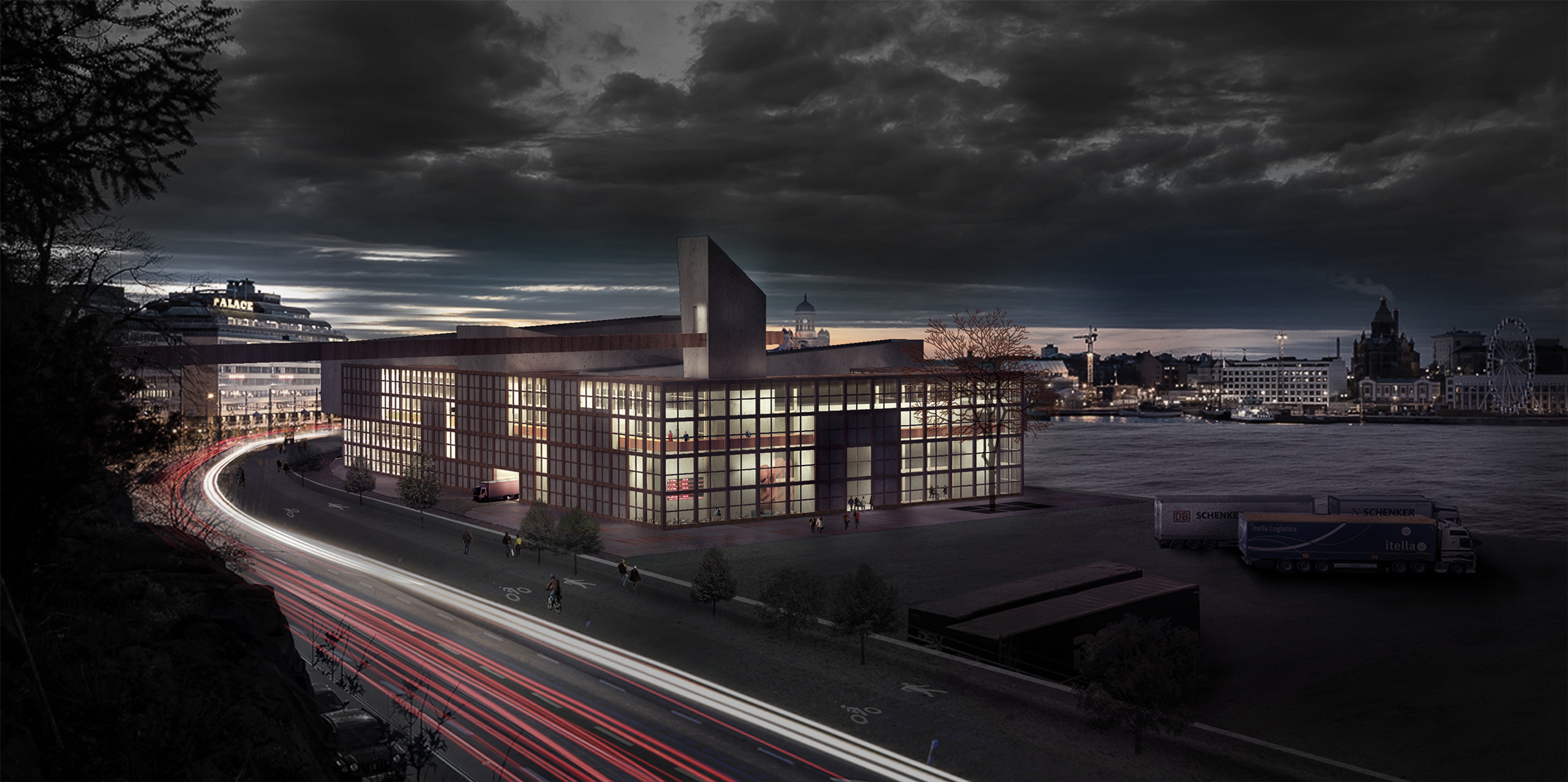 Architectural rendering of a museum structure next to road at night