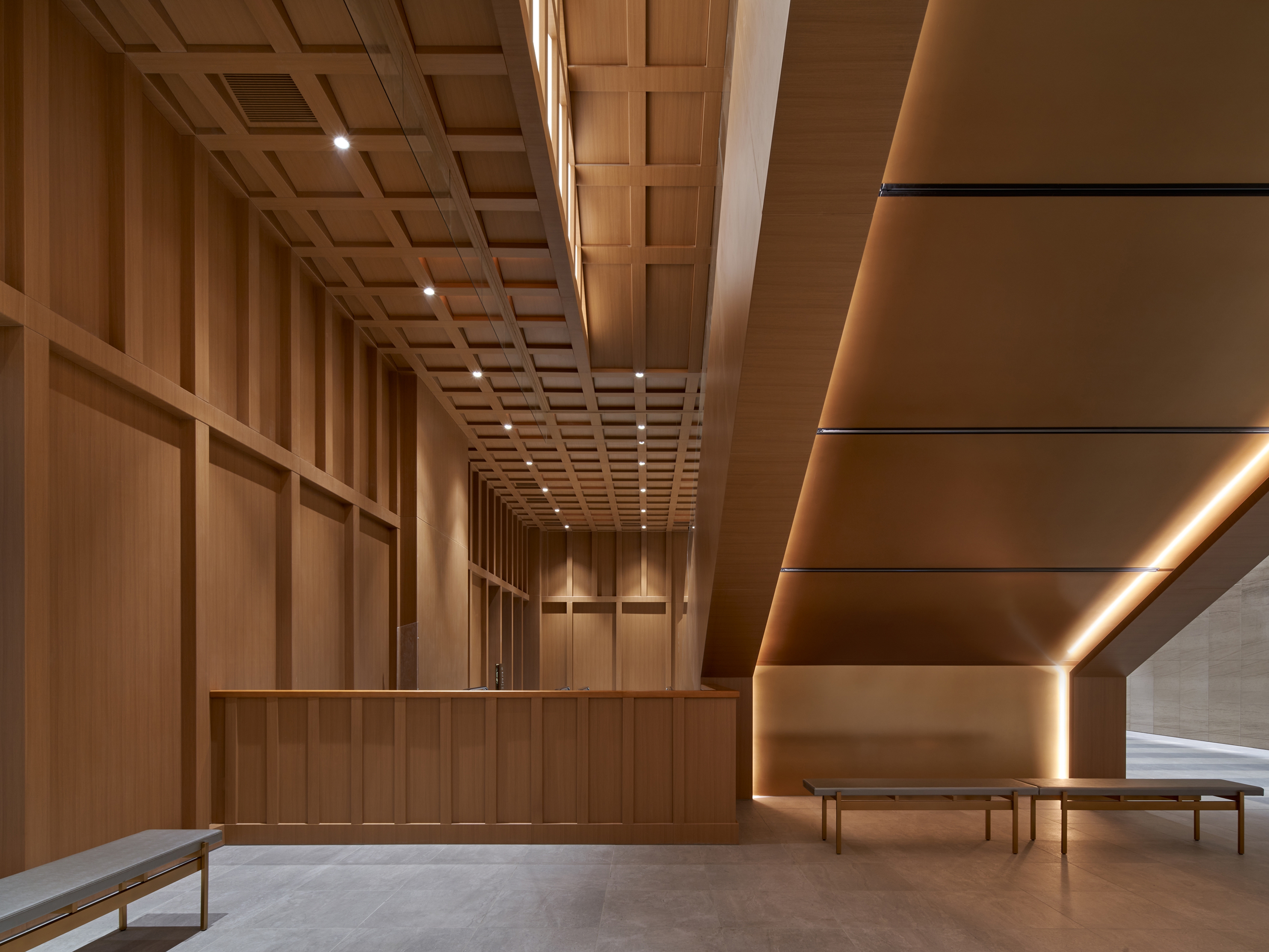 Wood atrium with bronze escalator underside and cove light