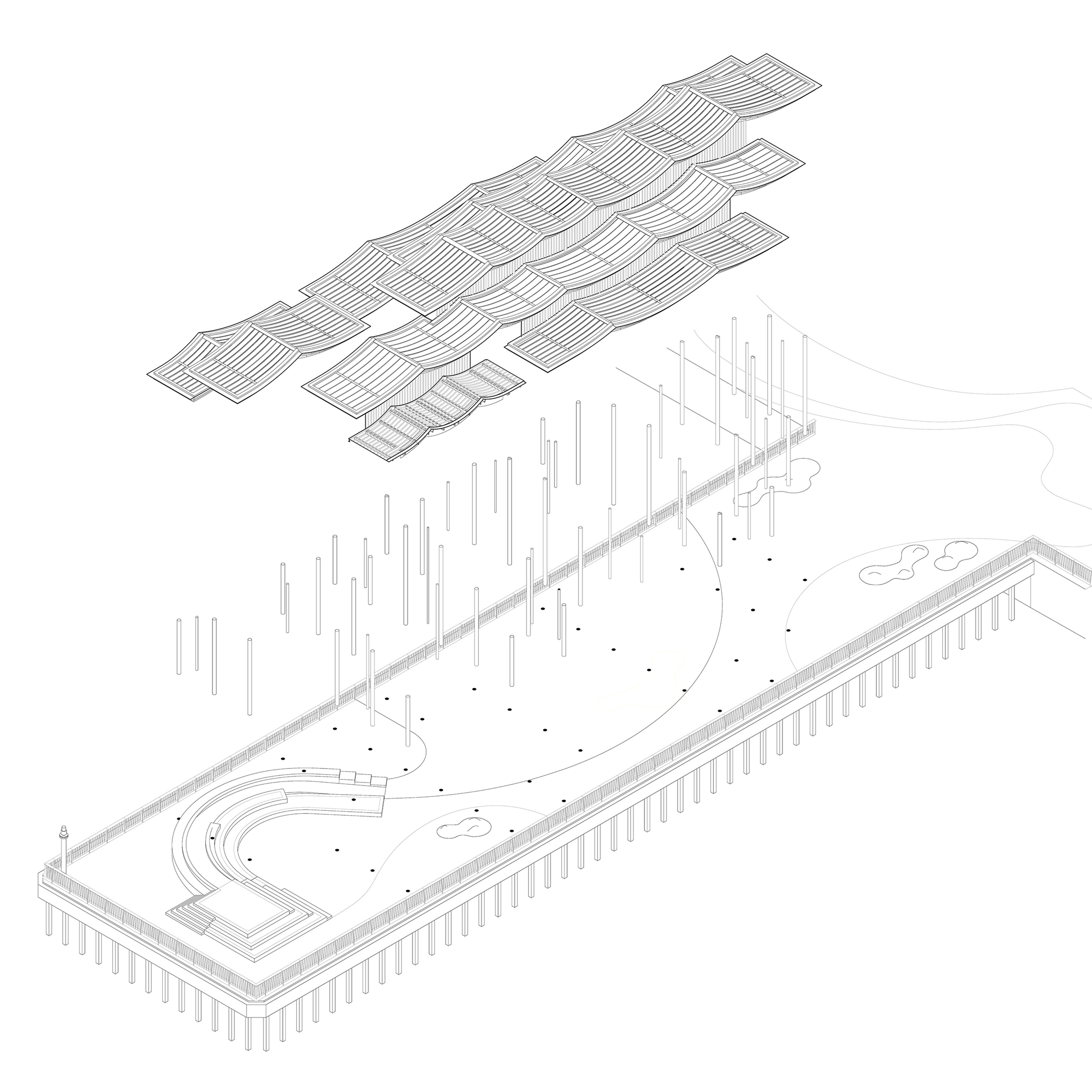 Exploded axonometric drawing of a pier re-development