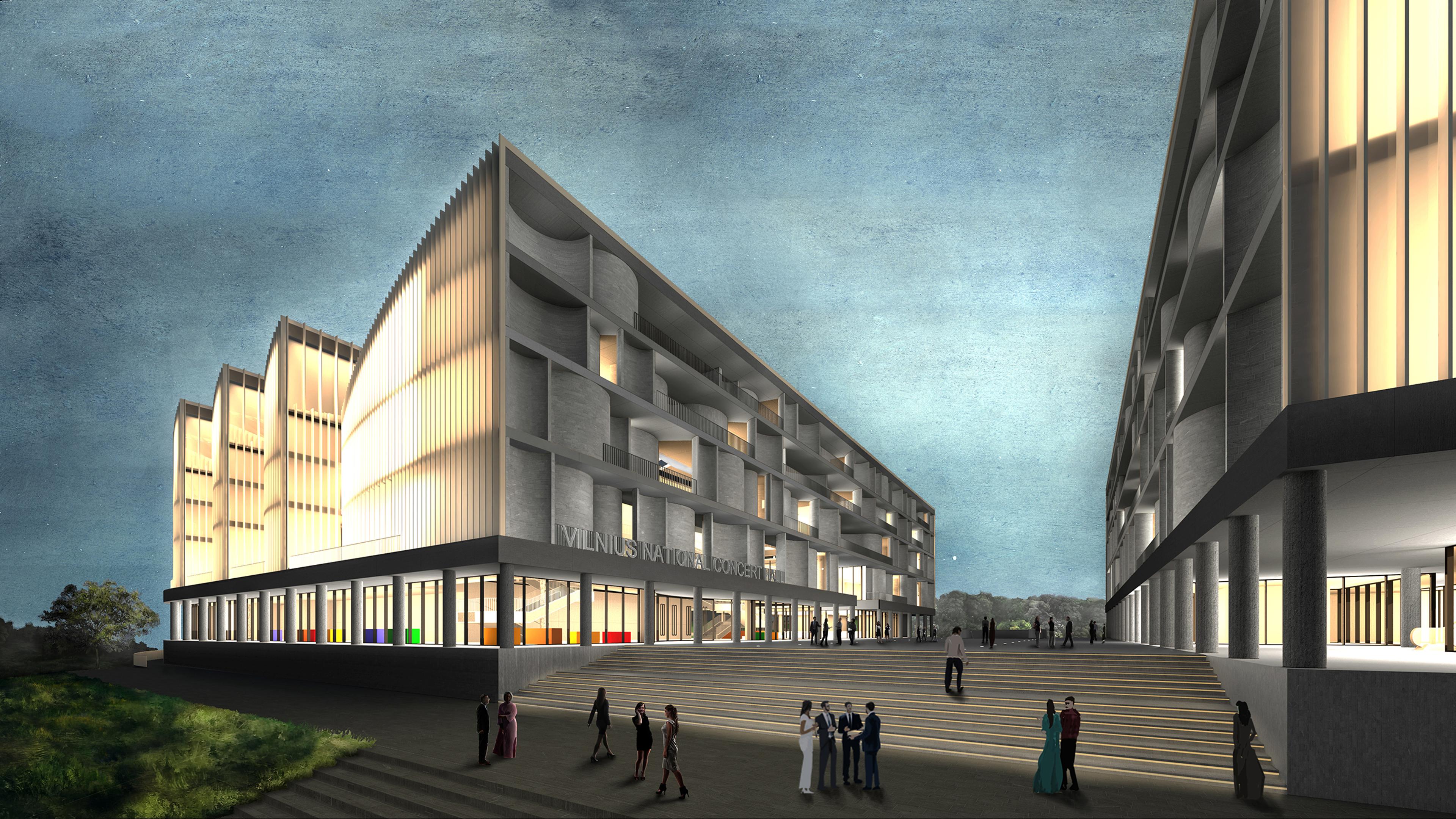 architectural rendering of courtyard of proposed vilnius national concert hall at night