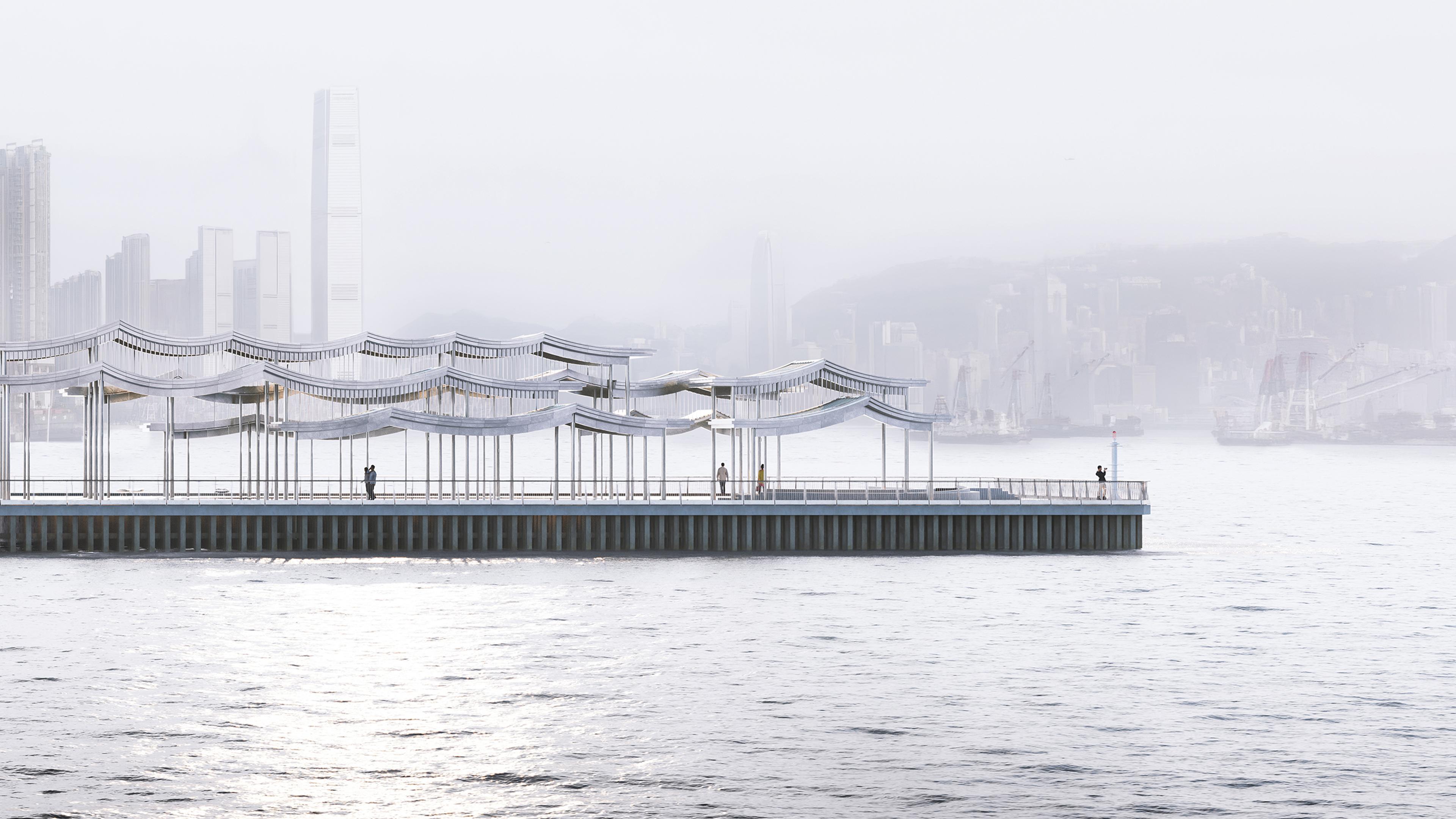 harbourfront with pier with undulating canopy overlooking waterfront