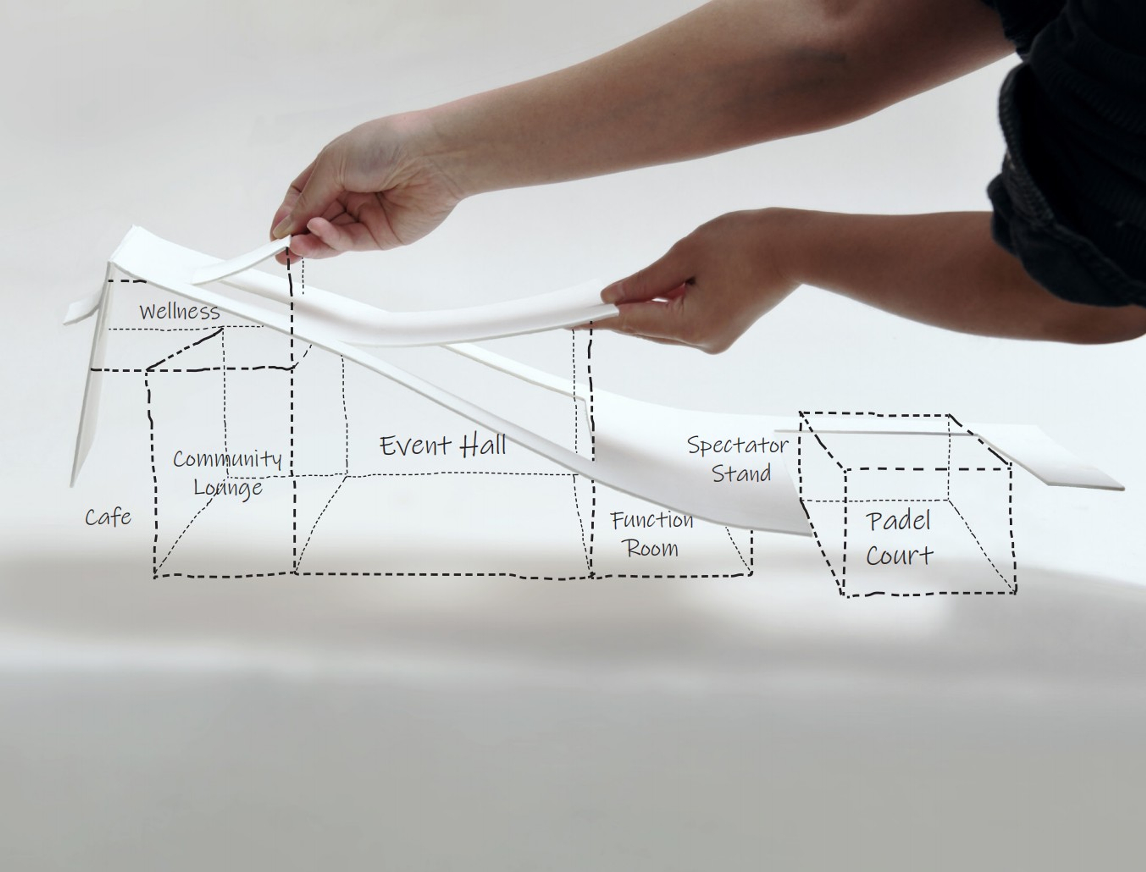 Sketch model diagram showing paper roof being peeled back to create openings