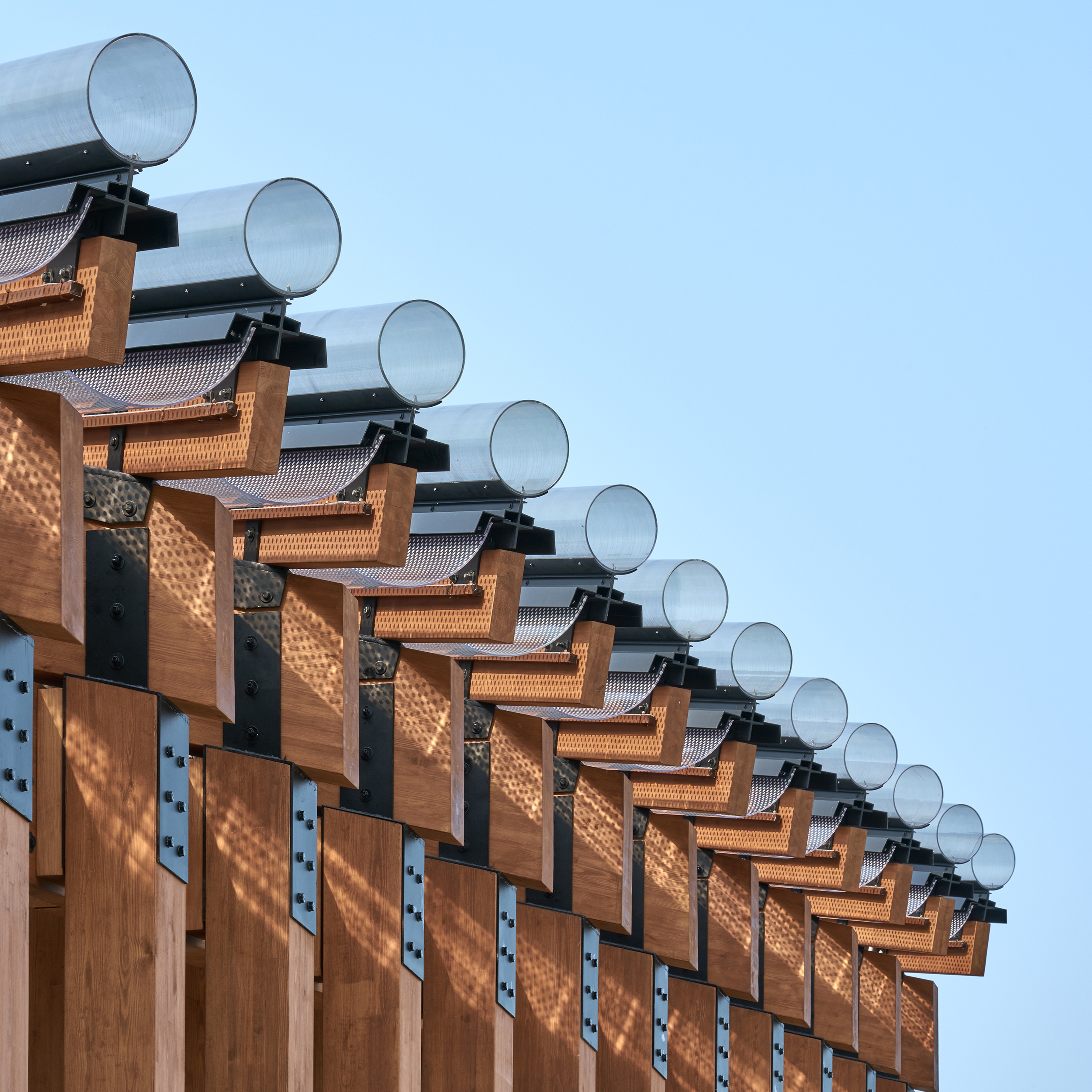 Close up view of Pavilion roof structure in daylight 