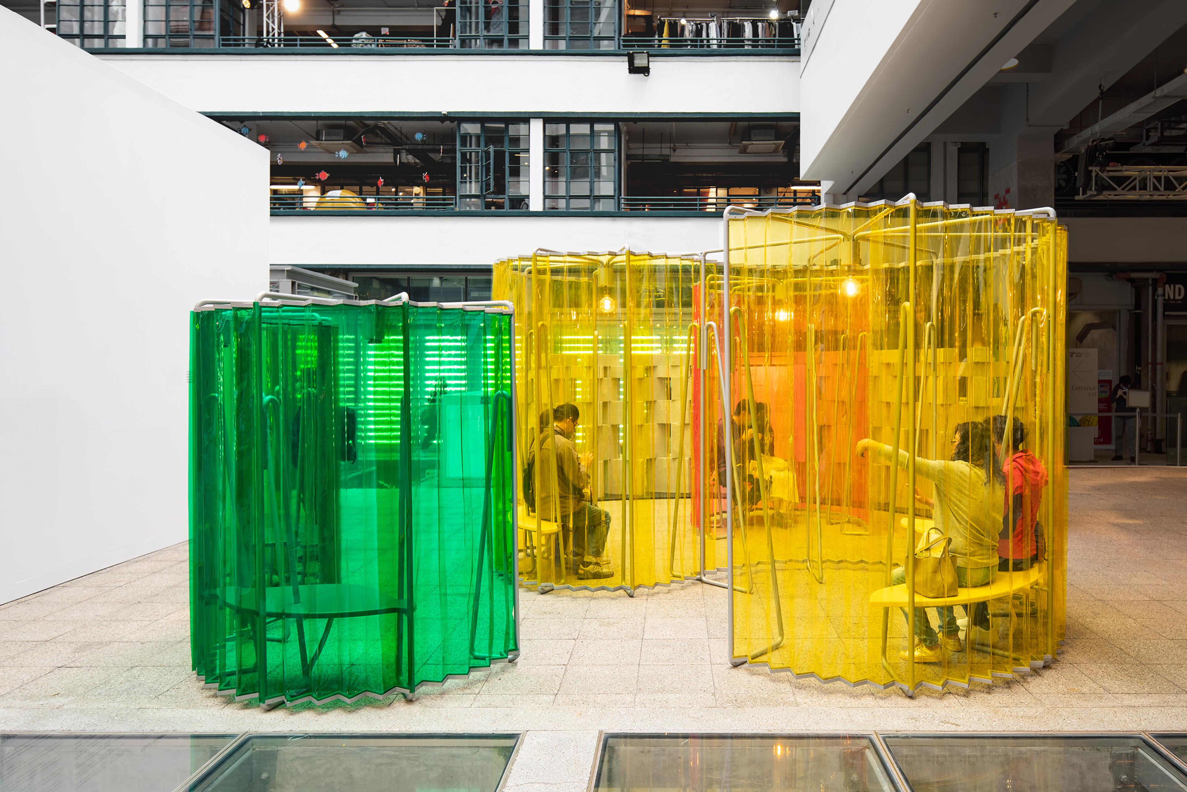 colorful installation inside building courtyard