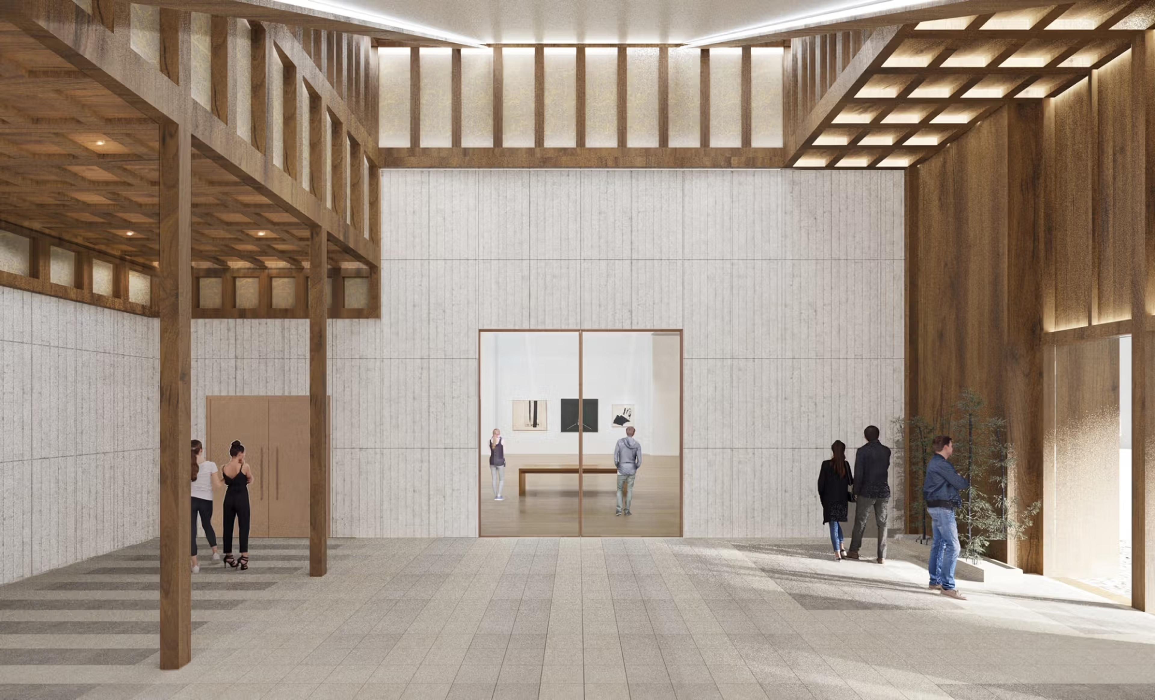 atrium with concrete walls and timber grid ceiling