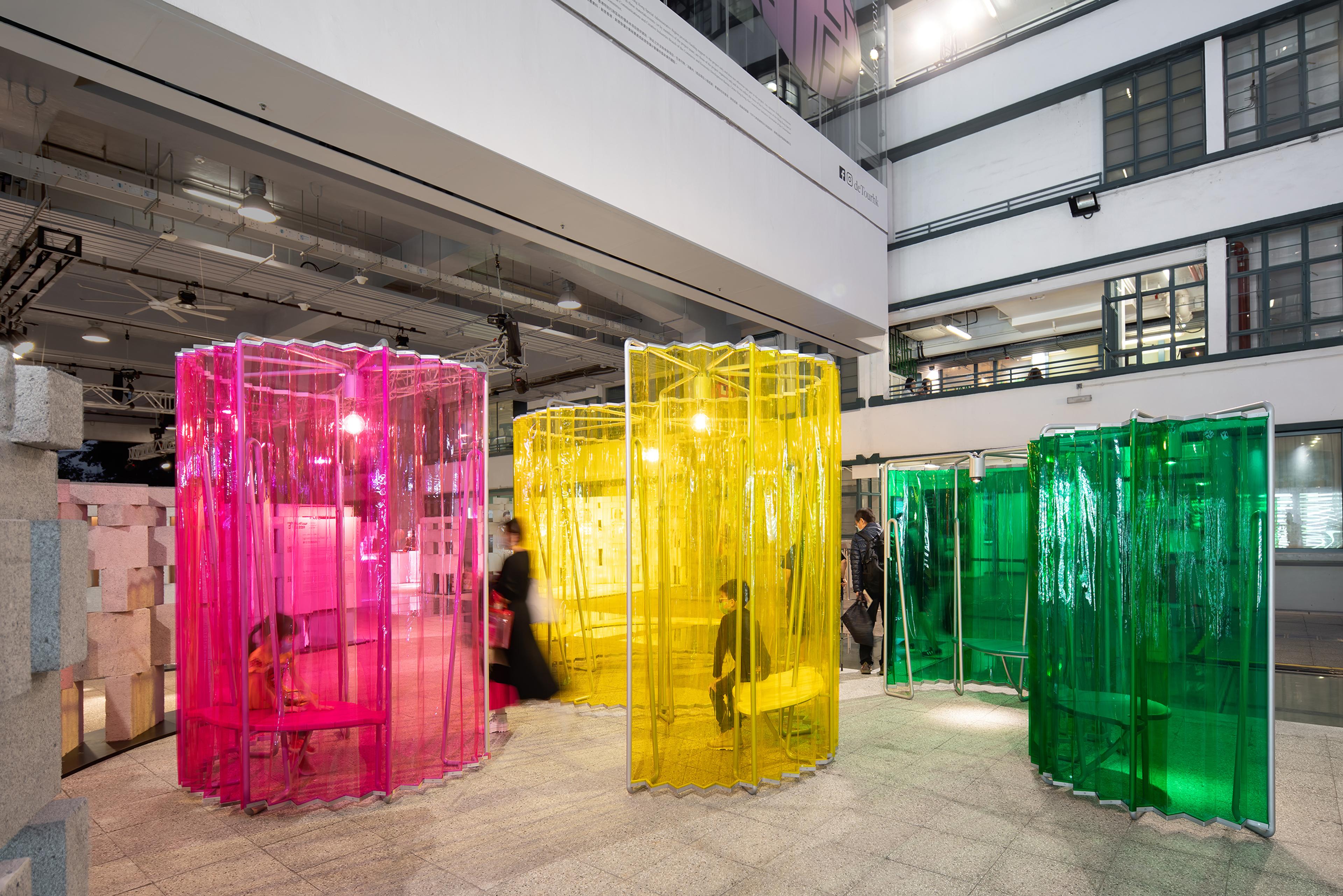 colorful installation inside building courtyard