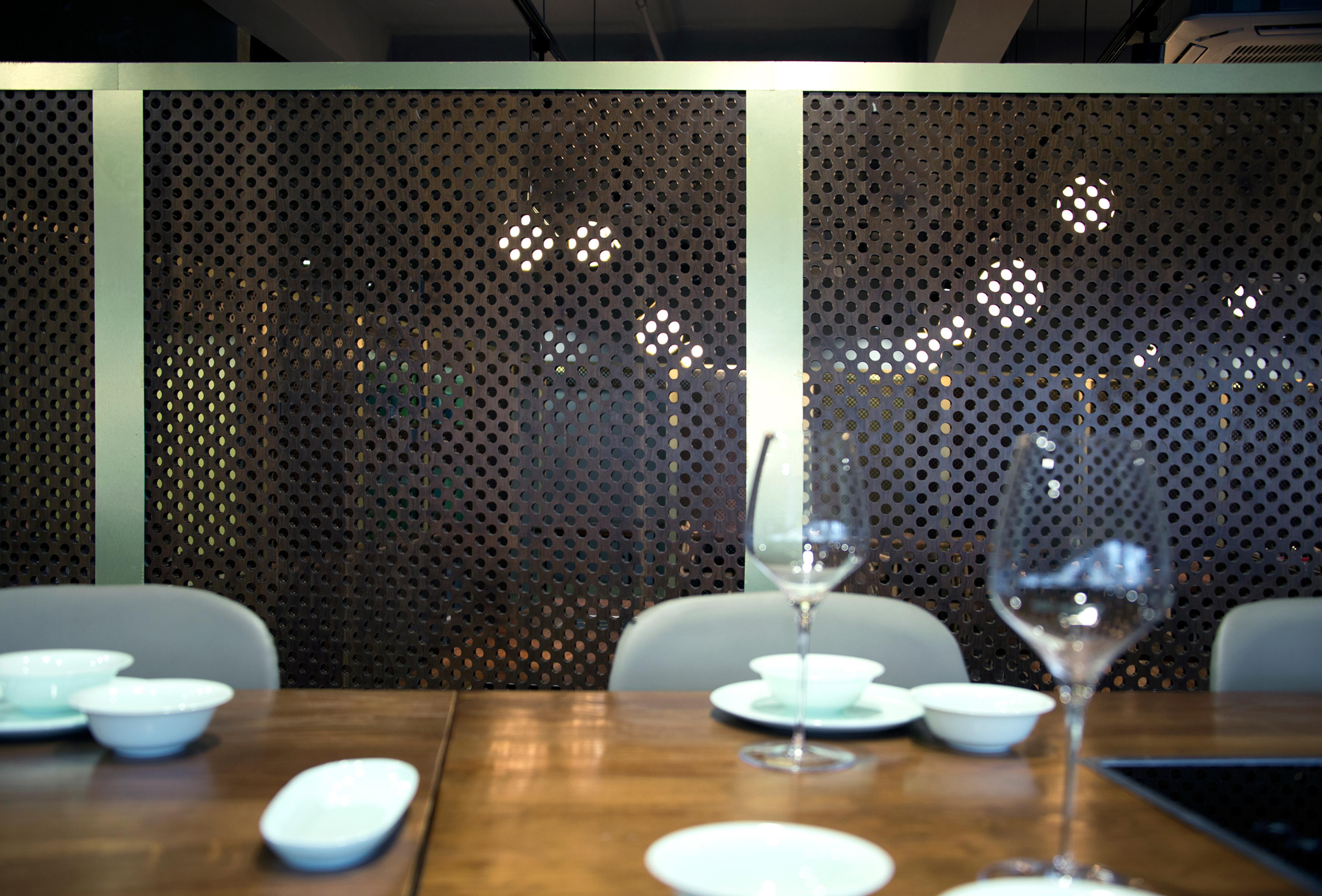 modern restaurant interior with close up of table setting
