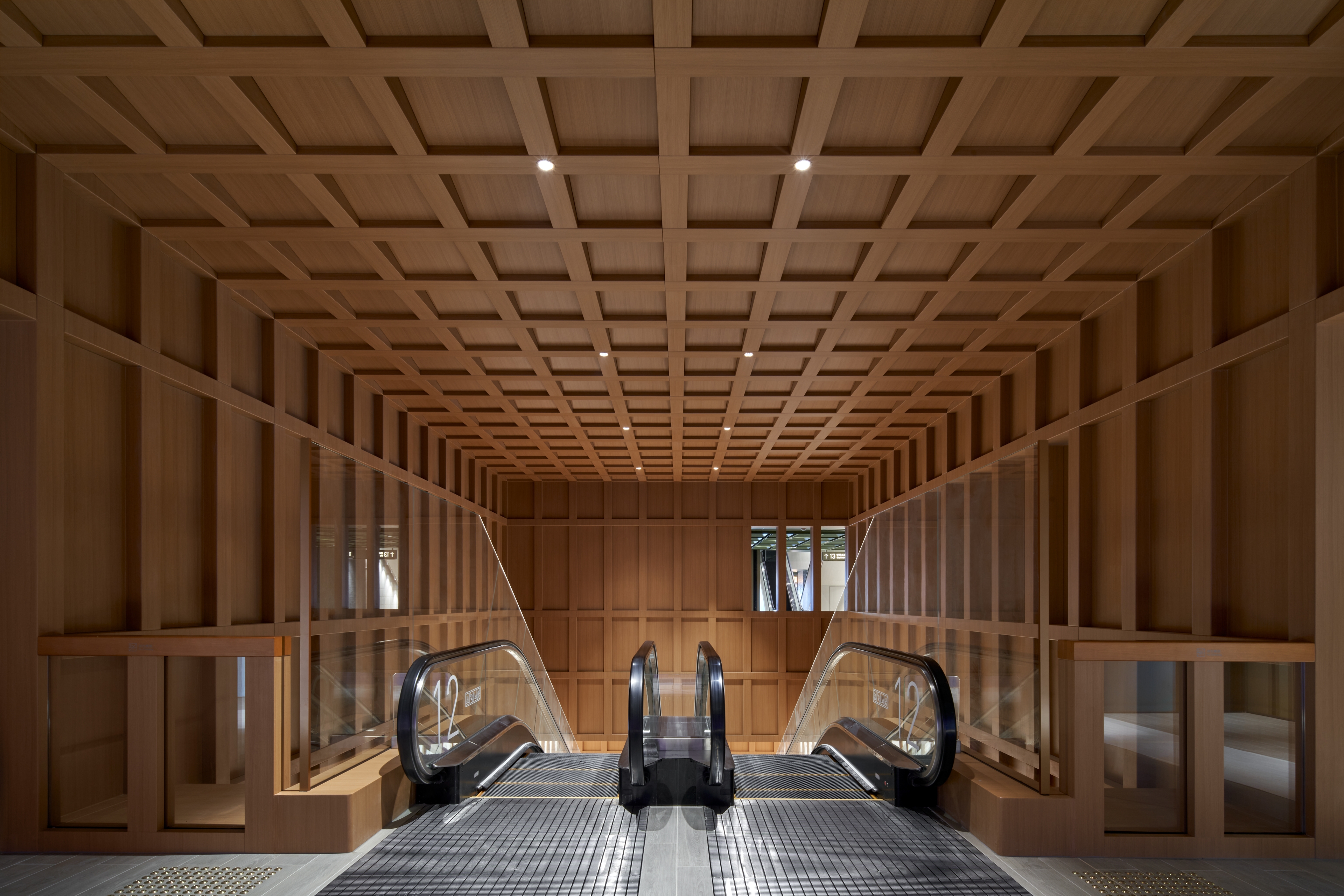 Entrance of long escalator with timber grid ceiling