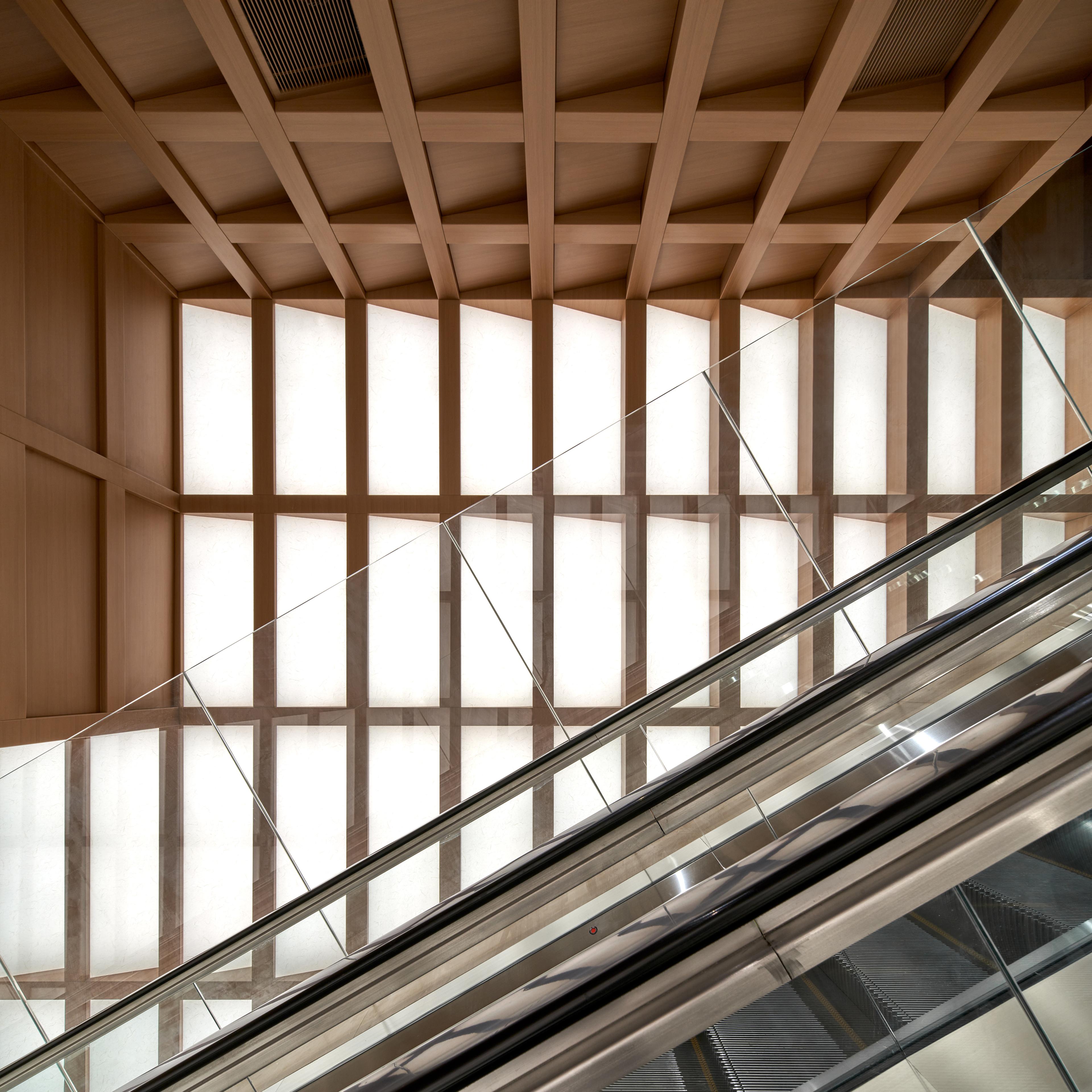 Elevation of escalator with white shoji paper light panel