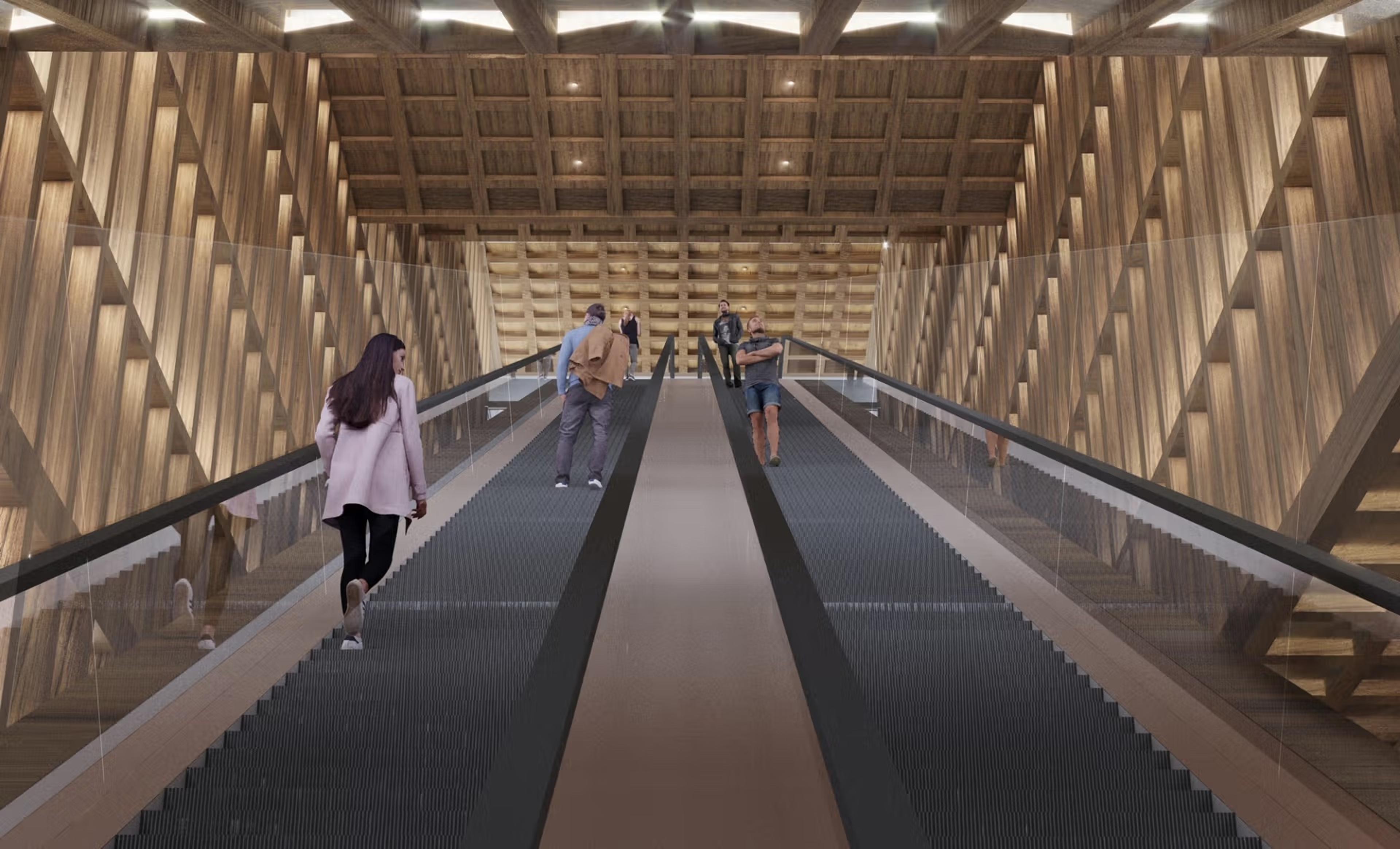 view of long escalator with timber grid panel