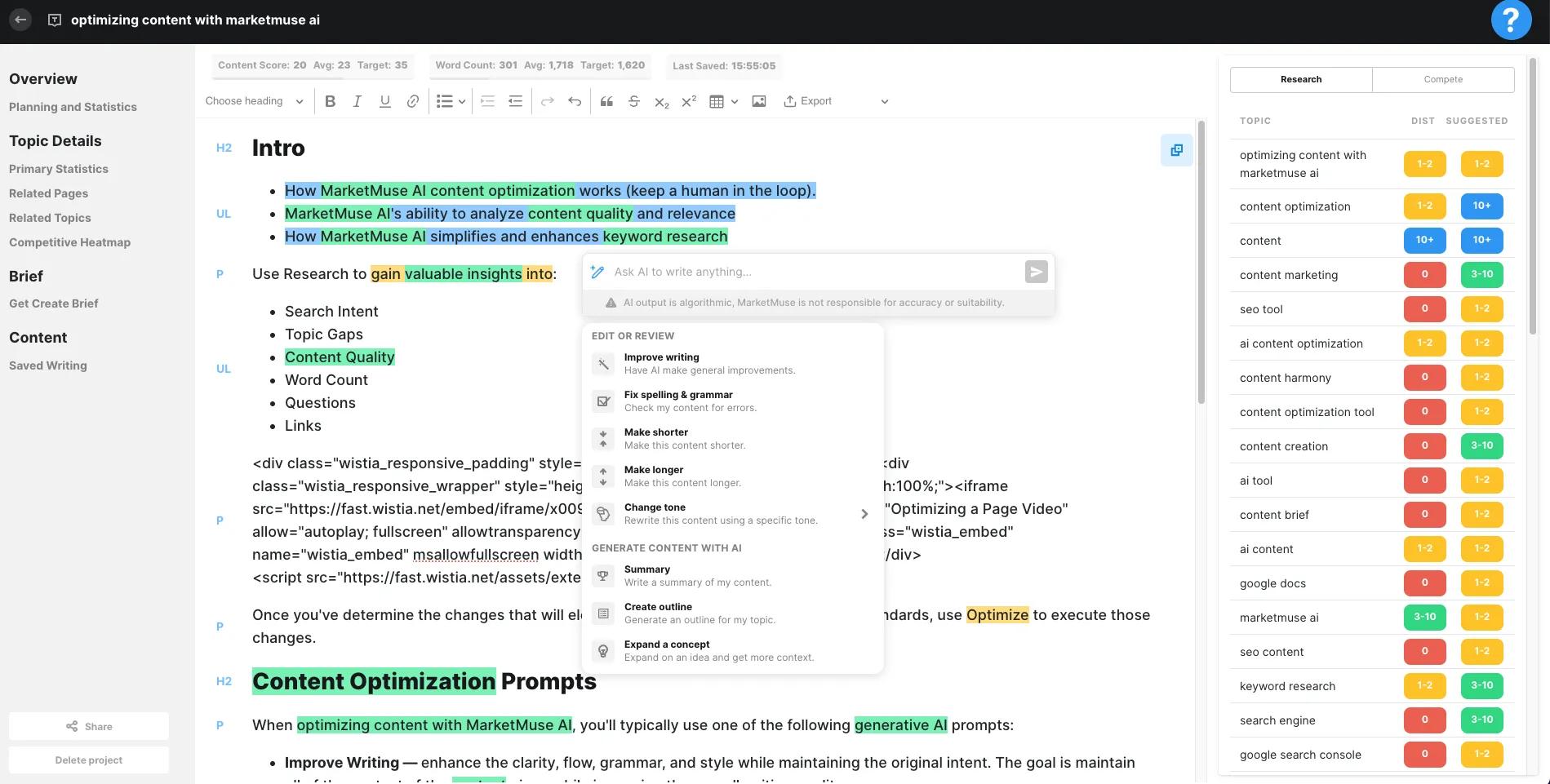 MarketMuse AI visibility tracking tool interface