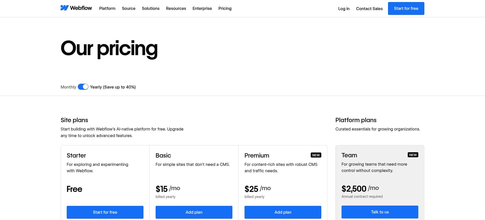Webflow pricing plans comparison chart
