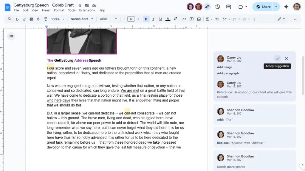 Google Docs interface showcasing collaborative writing features