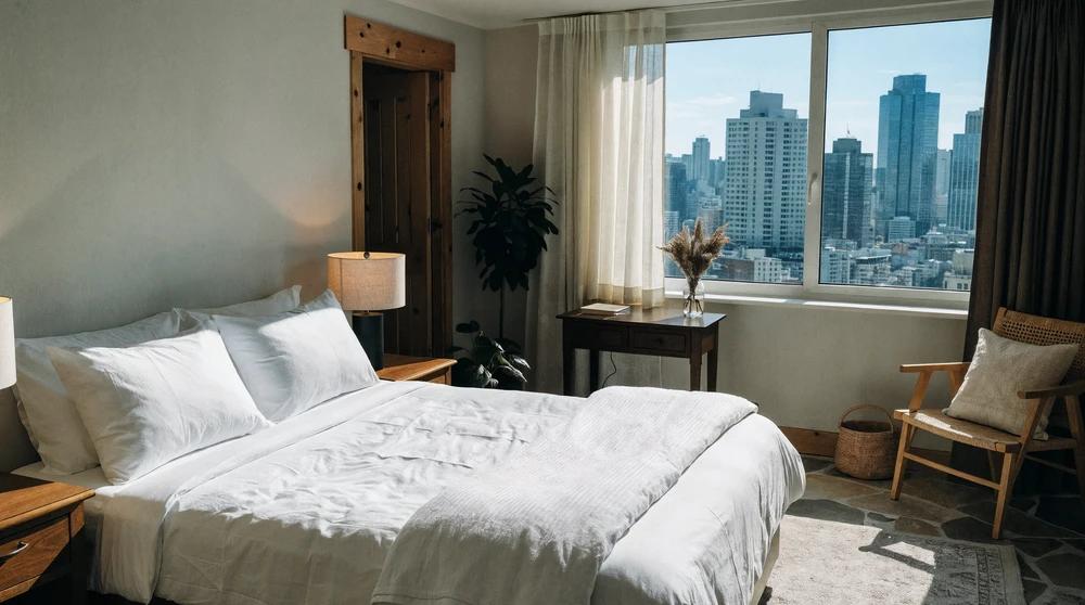 Bright boutique hotel guest room with a city view, the type of room photo that strengthens hotel seo on Google