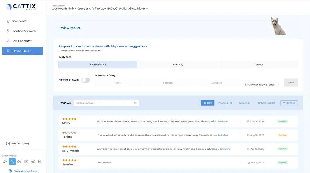 CATTIX Review Replier showing AI-powered customer review response queue with tone selector