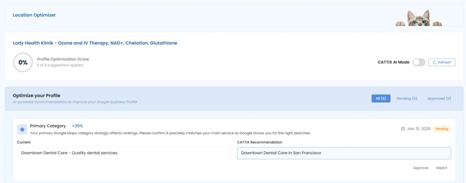 CATTIX Location Optimizer showing Profile Optimization Score of 0% with six pending recommendations each showing potential impact and Approve Reject buttons