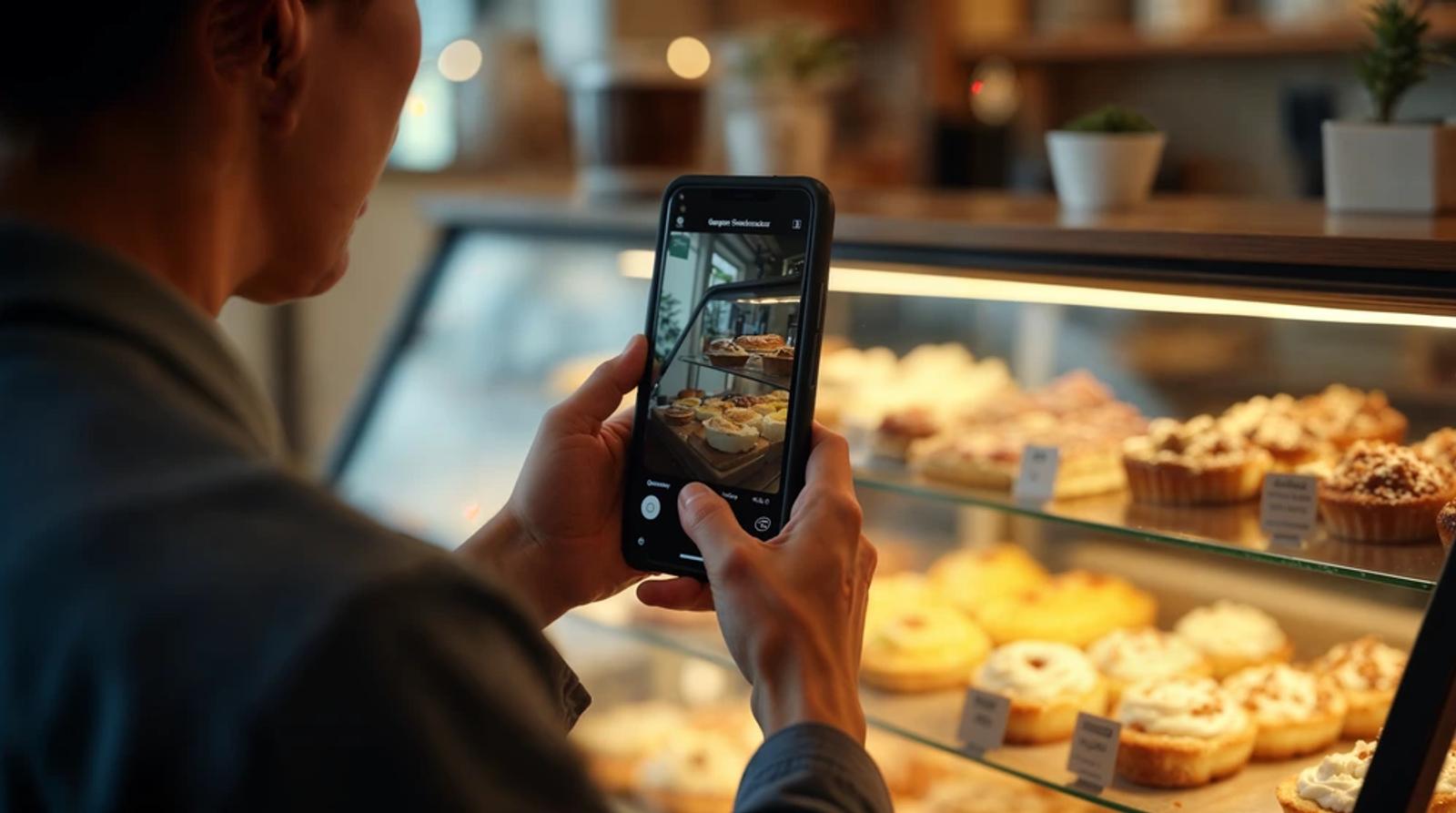 A cafe owner photographing a fresh pastry display for their Google Business Profile, one of the local seo ranking factors tied to photo freshness