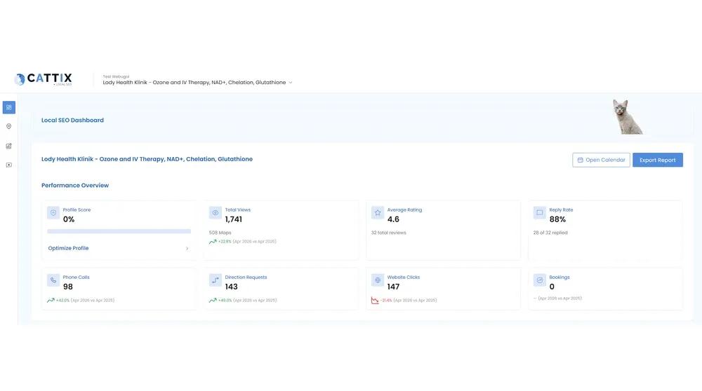 CATTIX Local SEO Dashboard showing performance overview with views, calls, rating, and review reply rate metrics