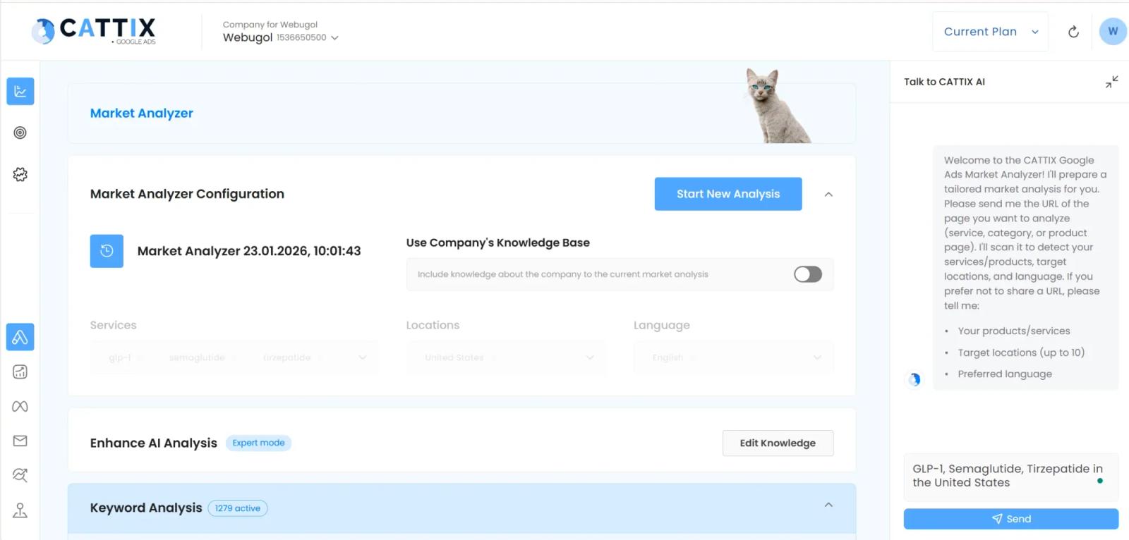 CATTIX Market Analyzer configuration panel with AI chat assistant