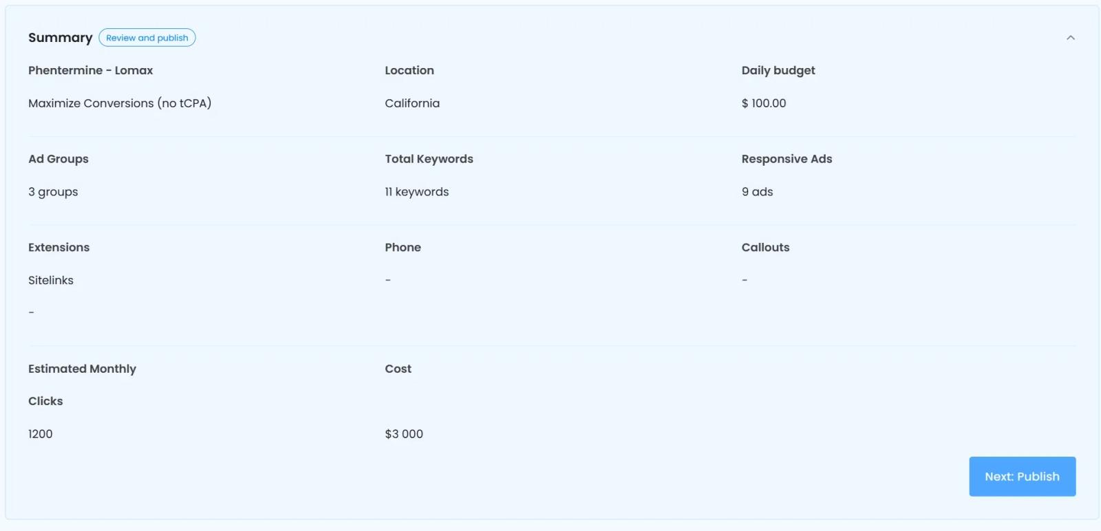 CATTIX campaign summary showing ad groups, keywords, and estimated clicks