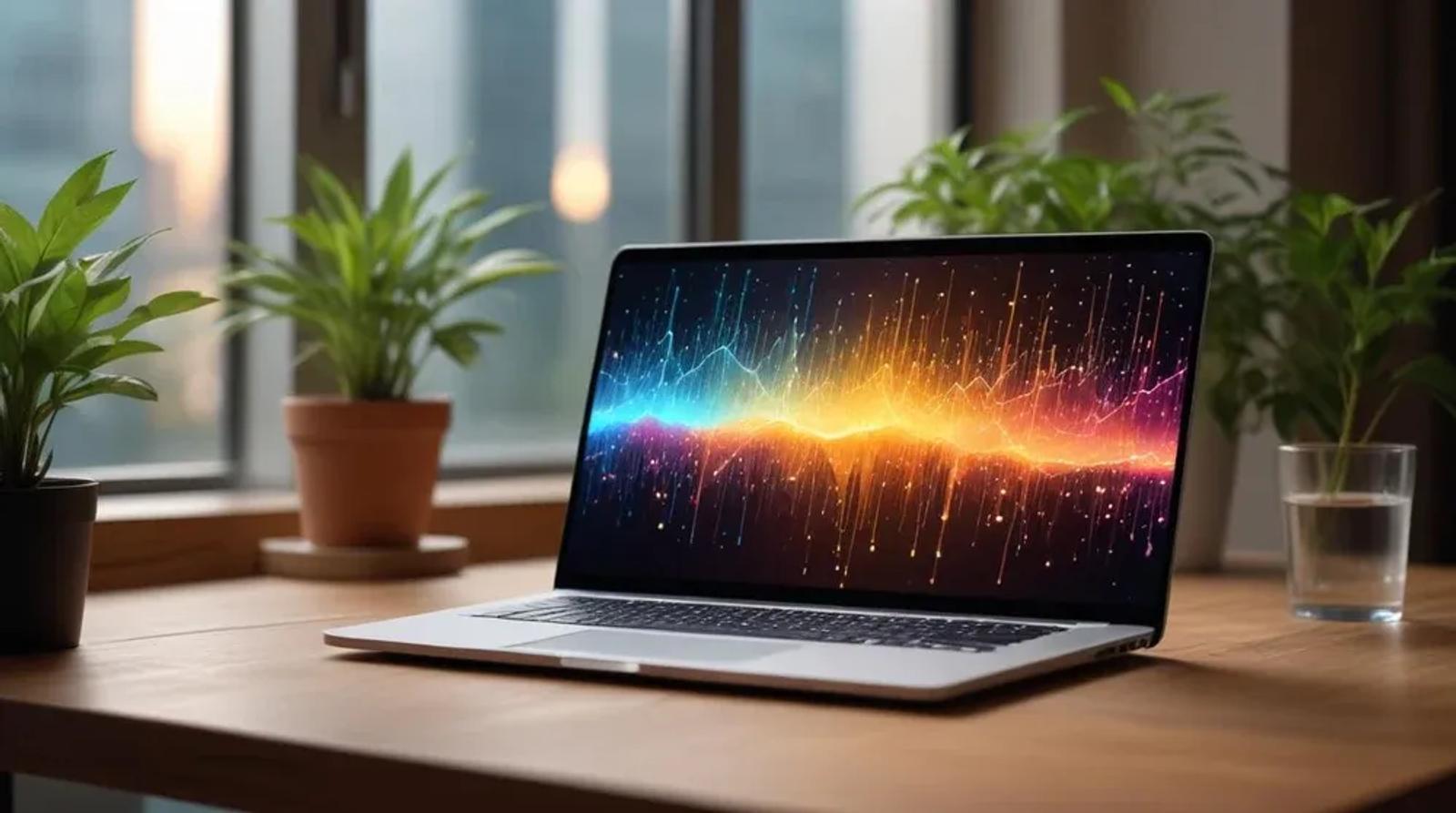 Laptop on a wooden desk showing abstract data visualization, representing automated bidding strategy decisions