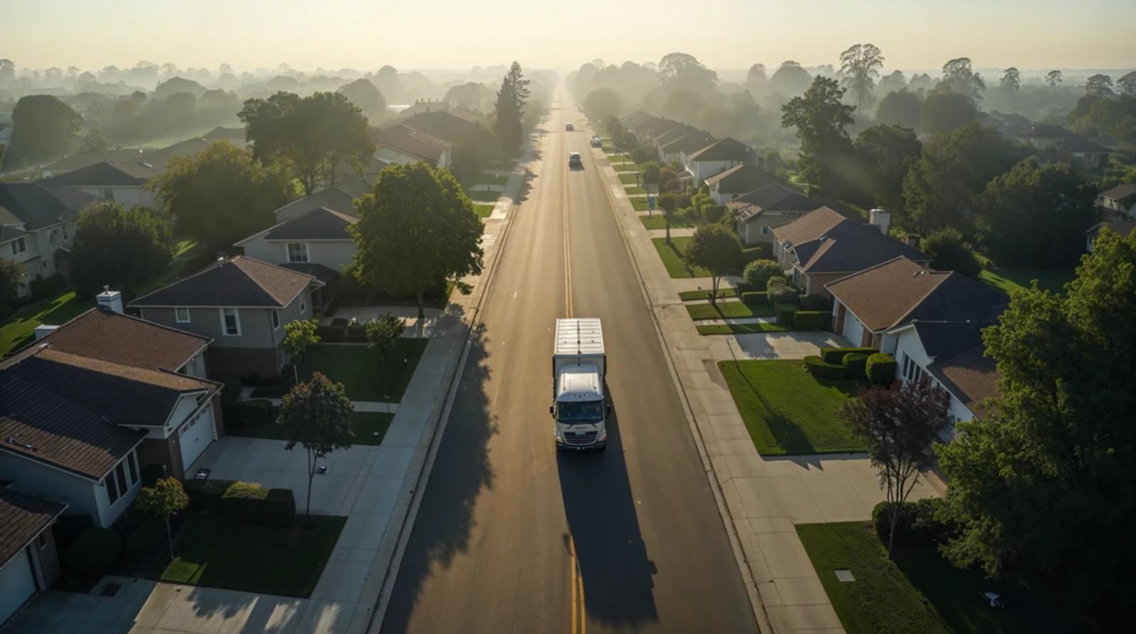 Aerial view of a contractor truck driving through a residential service area covered by local seo services for contractors