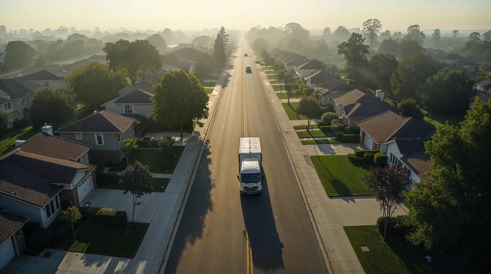 Aerial view of a contractor truck driving through a residential service area covered by local seo services for contractors