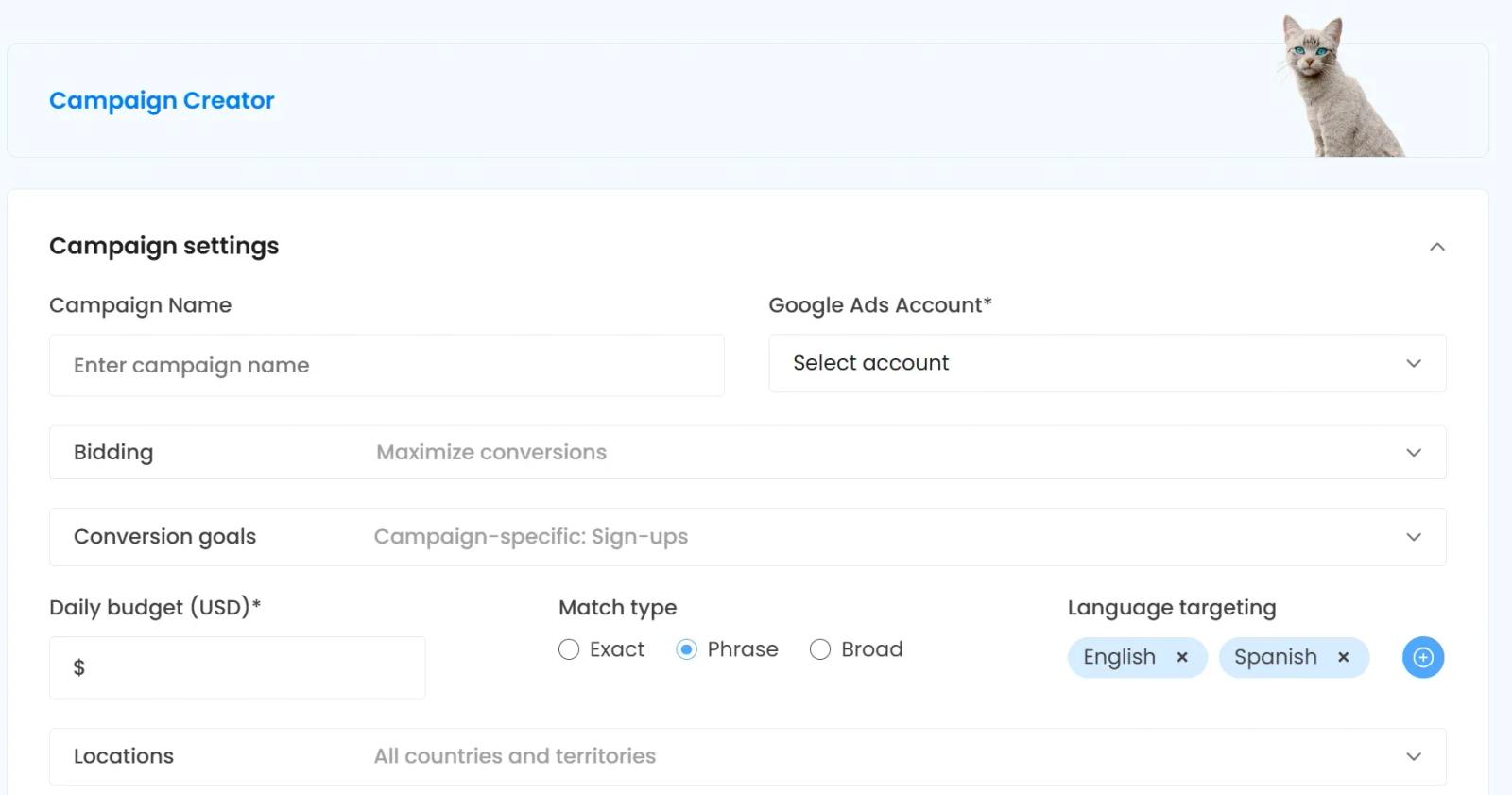 CATTIX Campaign Creator showing AI-generated campaign structure with ad groups and keywords for Google Ads