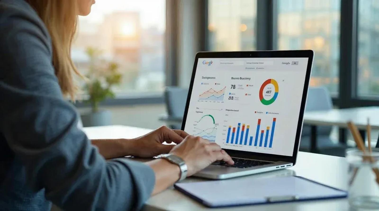 Marketing professional reviewing Google Business Profile review analytics and performance dashboard on a laptop in a modern office