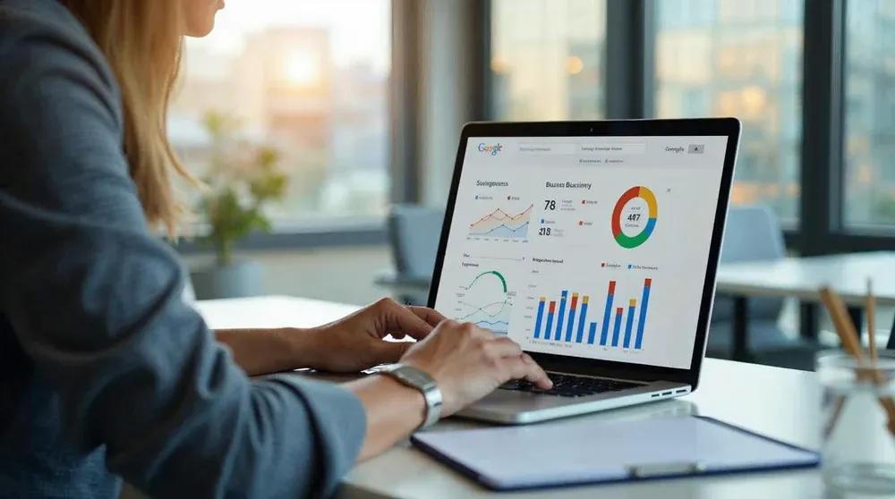 Marketing professional reviewing Google Business Profile review analytics and performance dashboard on a laptop in a modern office
