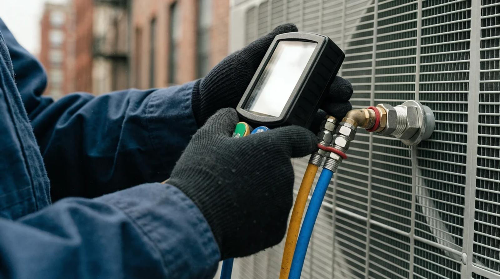 Technician checking refrigerant pressure with a gauge, the certified work local seo for hvac profiles should showcase
