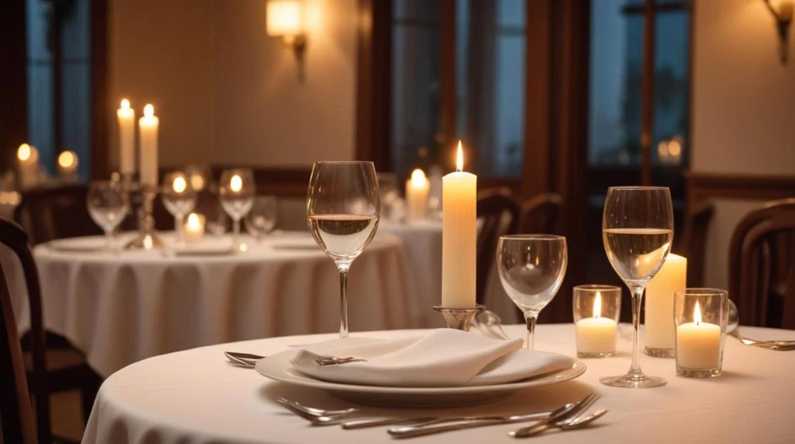 Elegant restaurant table set with candles and wine glasses ready for a reservation