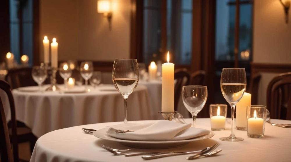 Elegant restaurant table set with candles and wine glasses ready for a reservation