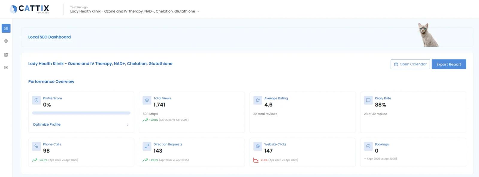 CATTIX Local SEO dashboard showing Google Business Profile performance with year-over-year comparisons for views, calls, direction requests, and review reply rate