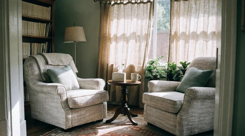 Welcoming therapy office with two armchairs and a side table, a real office photo that supports local seo strategies for therapists