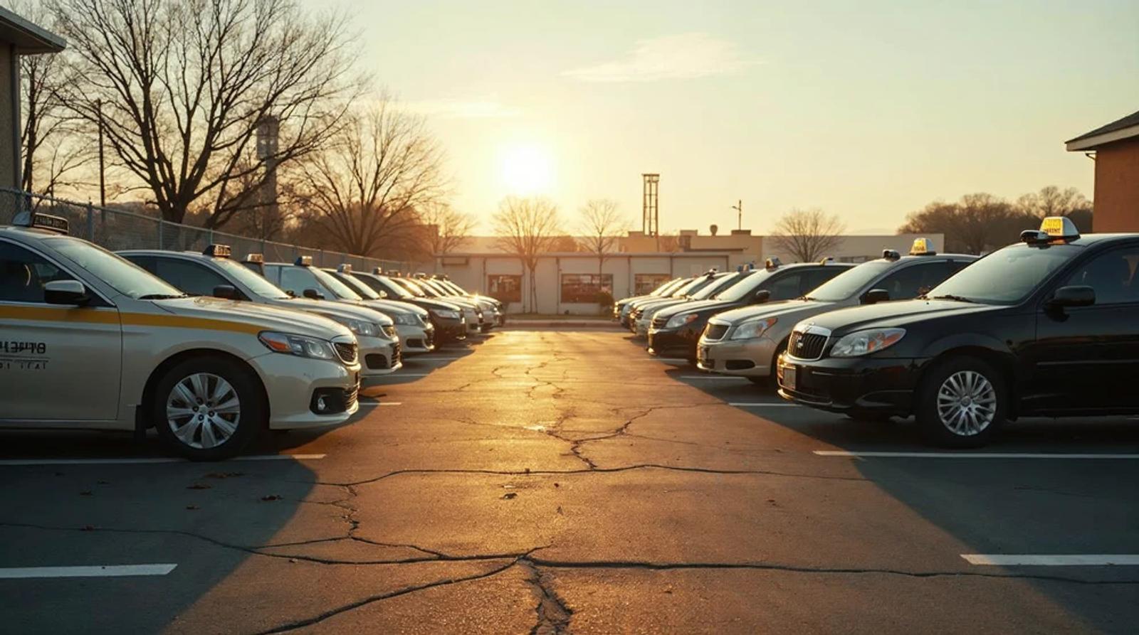 Small fleet of taxi cars parked in rows at golden hour