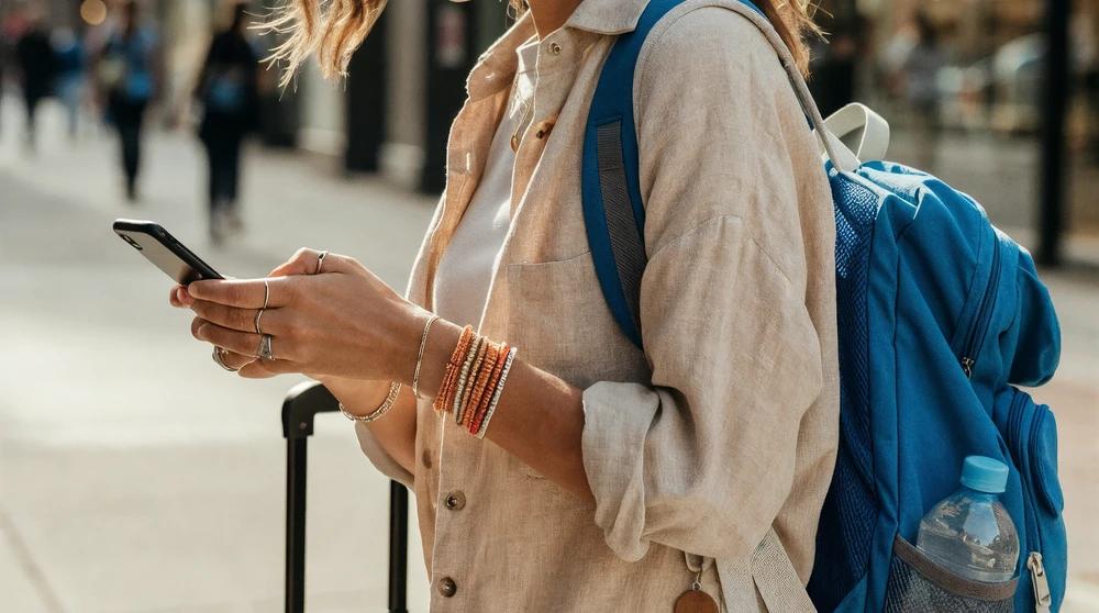 Traveler with a suitcase checking her phone on a city street, the kind of near me search local seo for hotels is built to capture