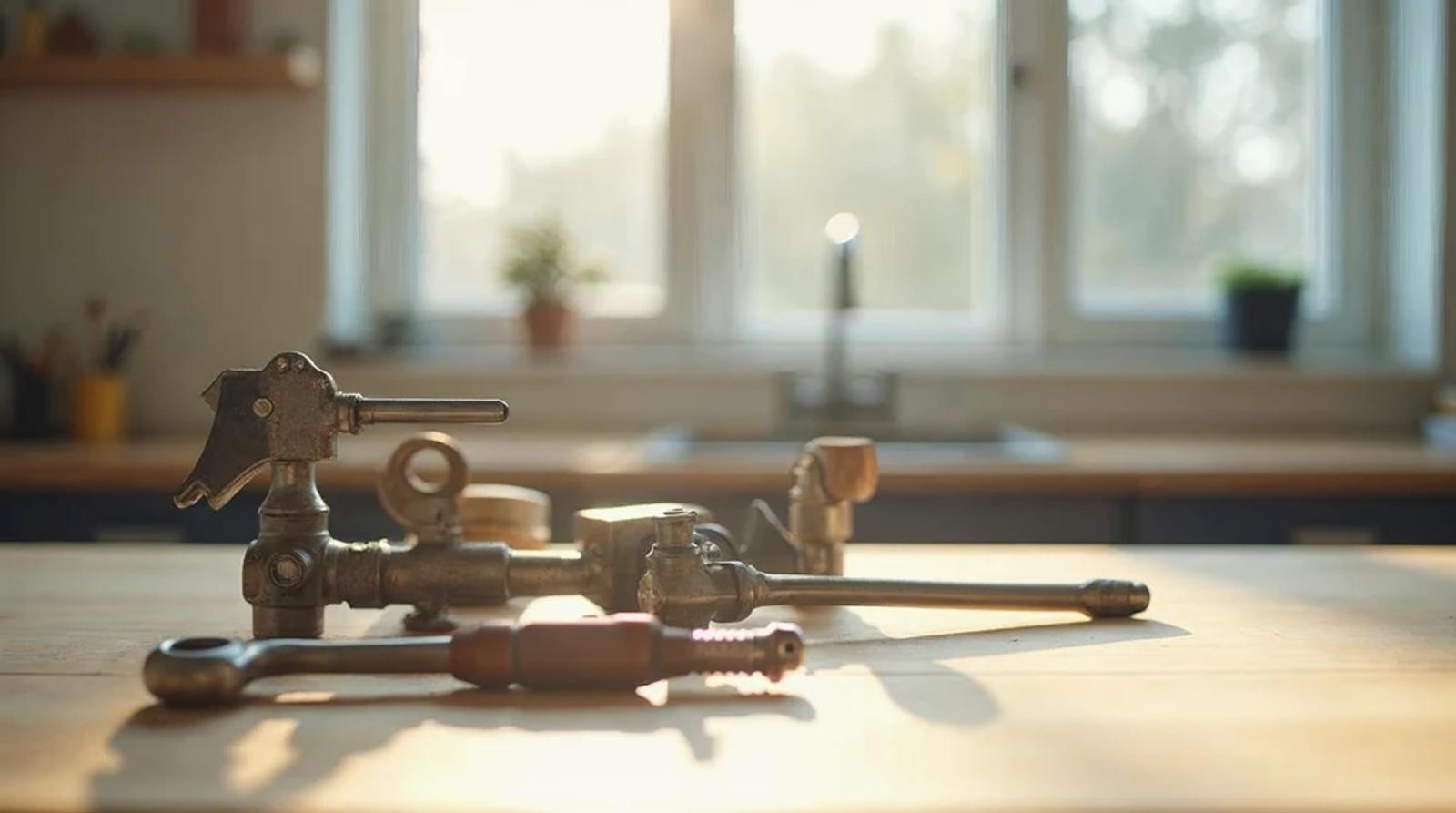 Plumbing tools neatly arranged on a workbench