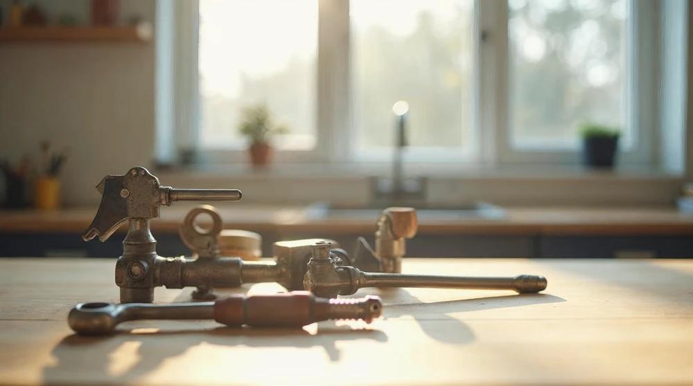 Plumbing tools neatly arranged on a workbench