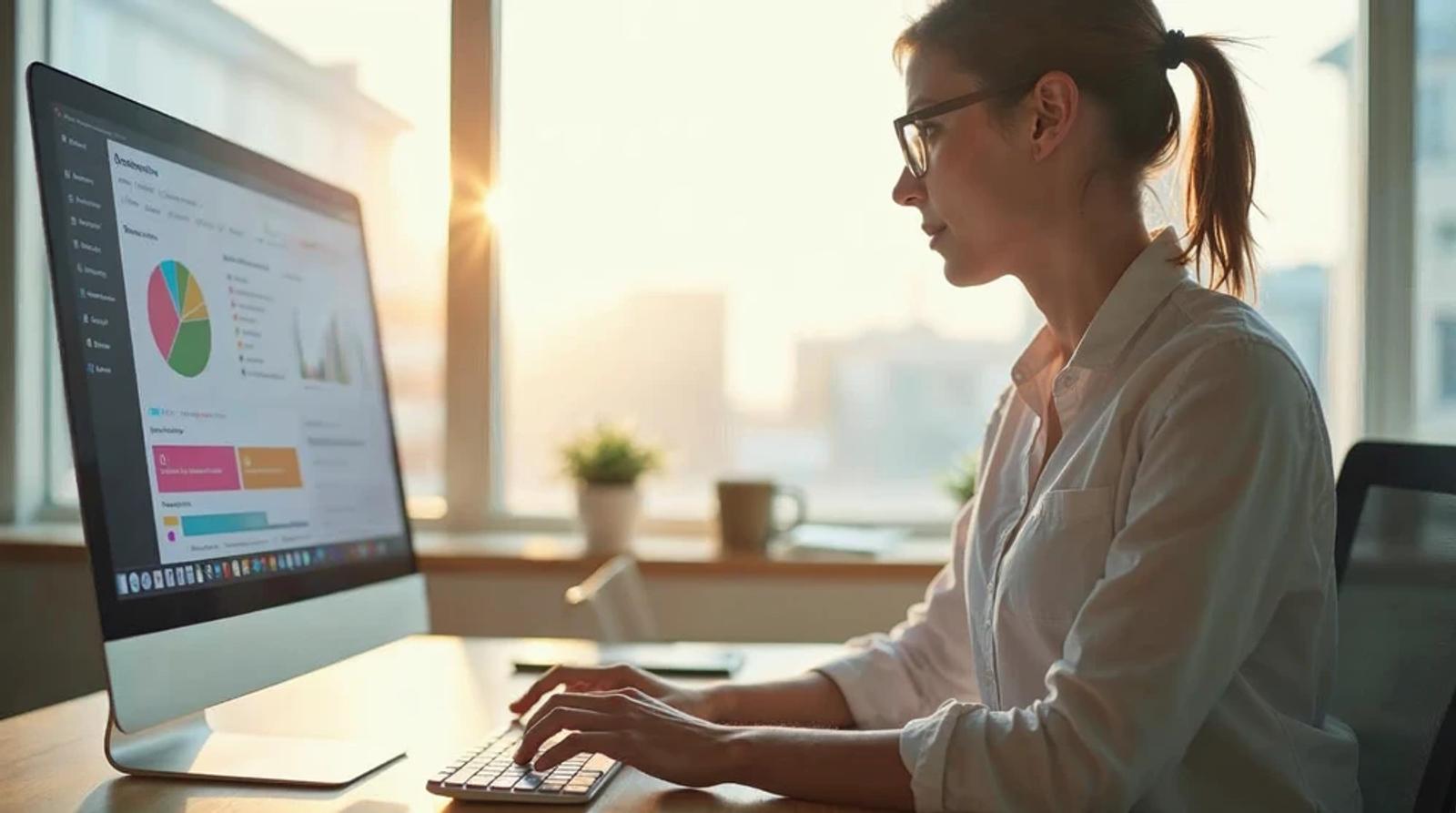 Marketer working at a desk in a bright modern office