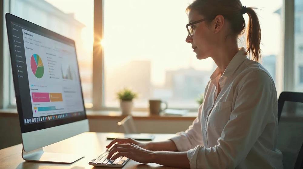 Marketer working at a desk in a bright modern office