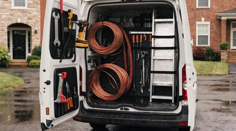 HVAC company service van loaded with tools, a truck-dispatched setup local seo services for hvac contractors covers