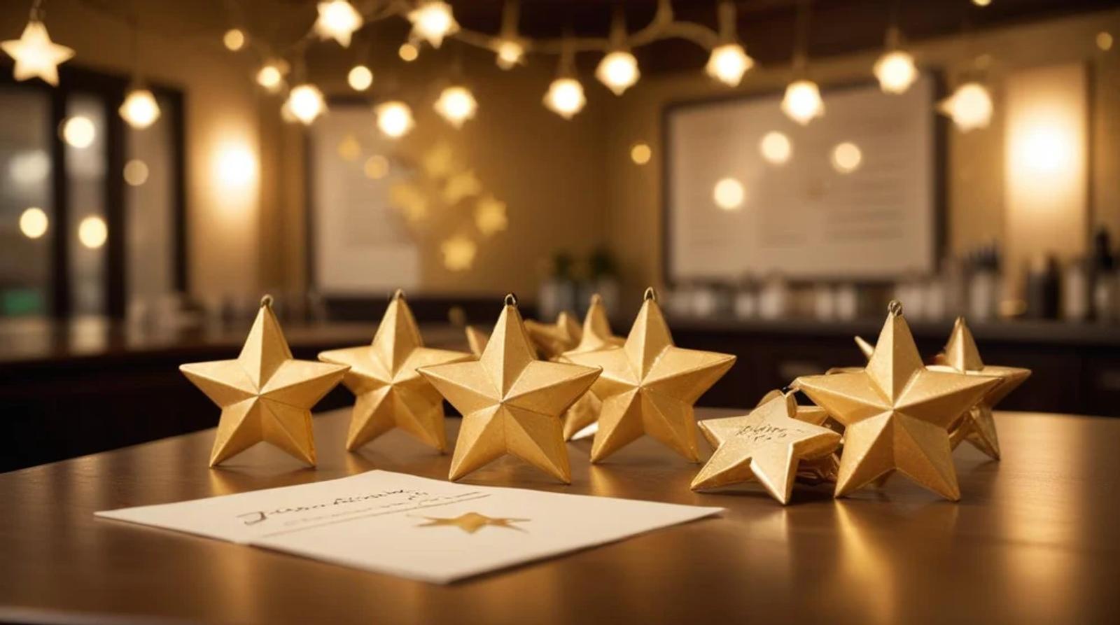 Gold star ornaments beside a signed card symbolizing five-star restaurant reviews